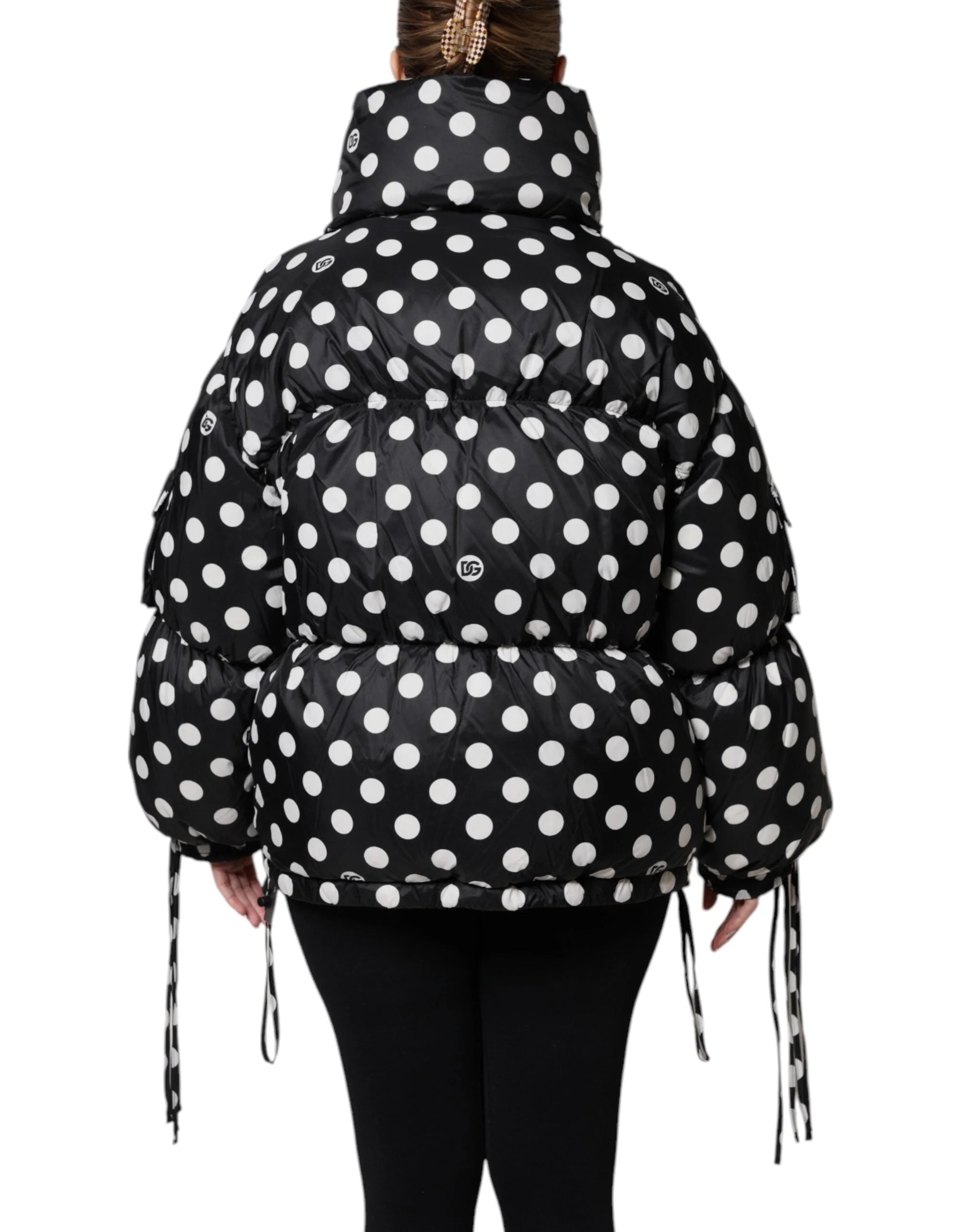 Dolce & Gabbana Black White Polka Dot Full Zip Puffer Jacket - Puffer Jackets