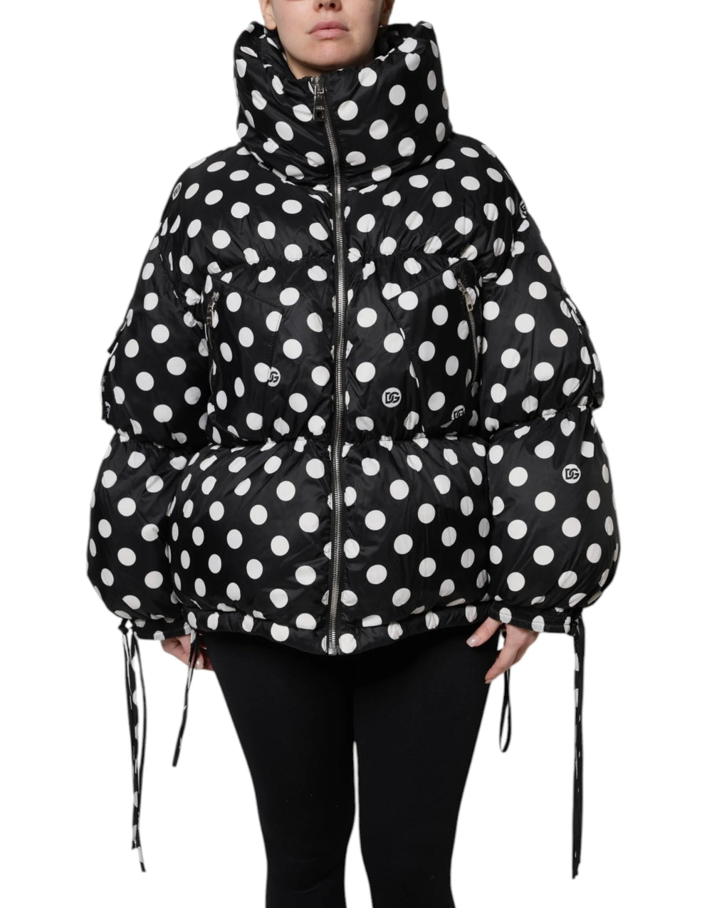 Dolce & Gabbana Black White Polka Dot Full Zip Puffer Jacket - Puffer Jackets