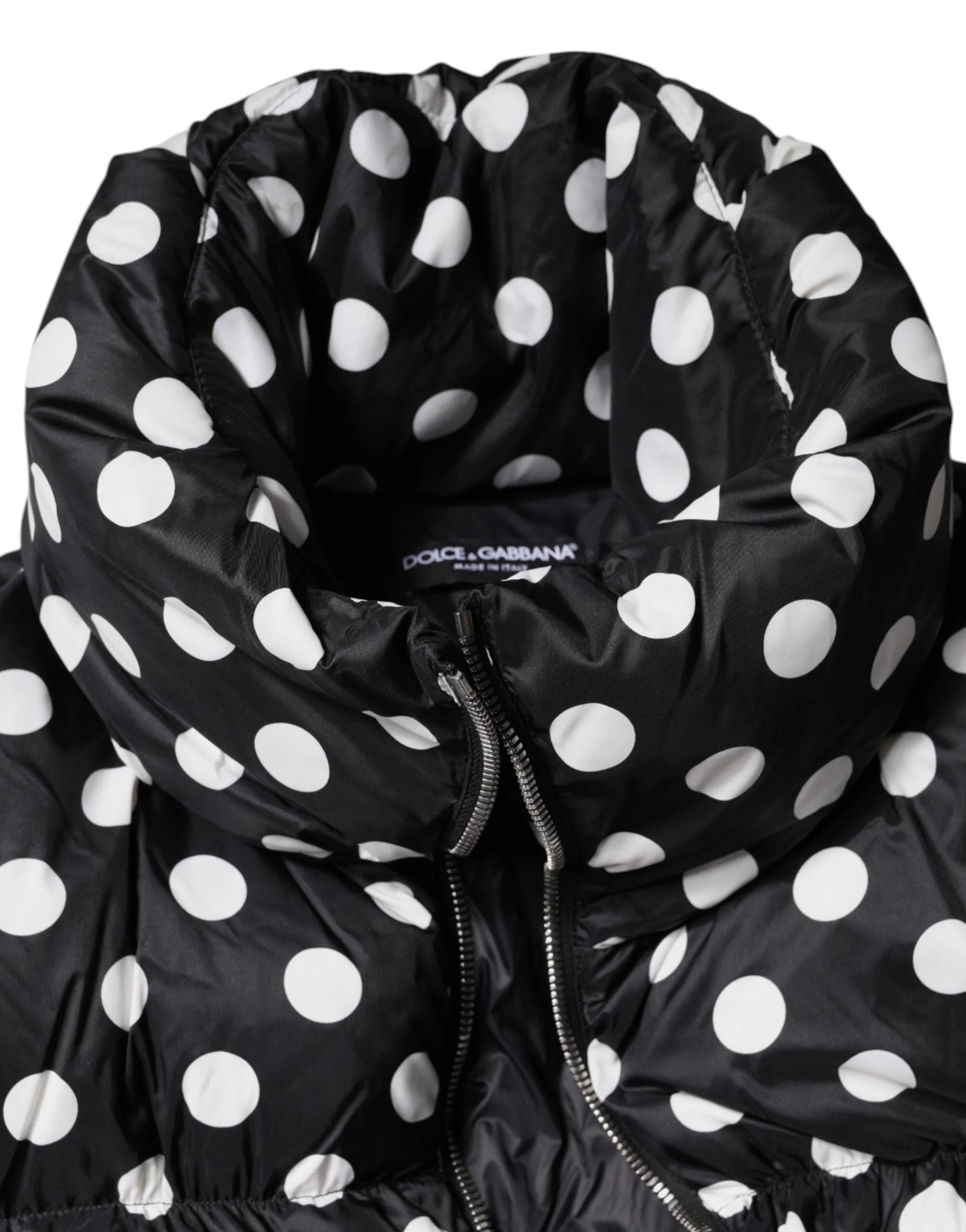 Dolce & Gabbana Black White Polka Dot Full Zip Puffer Jacket - Puffer Jackets