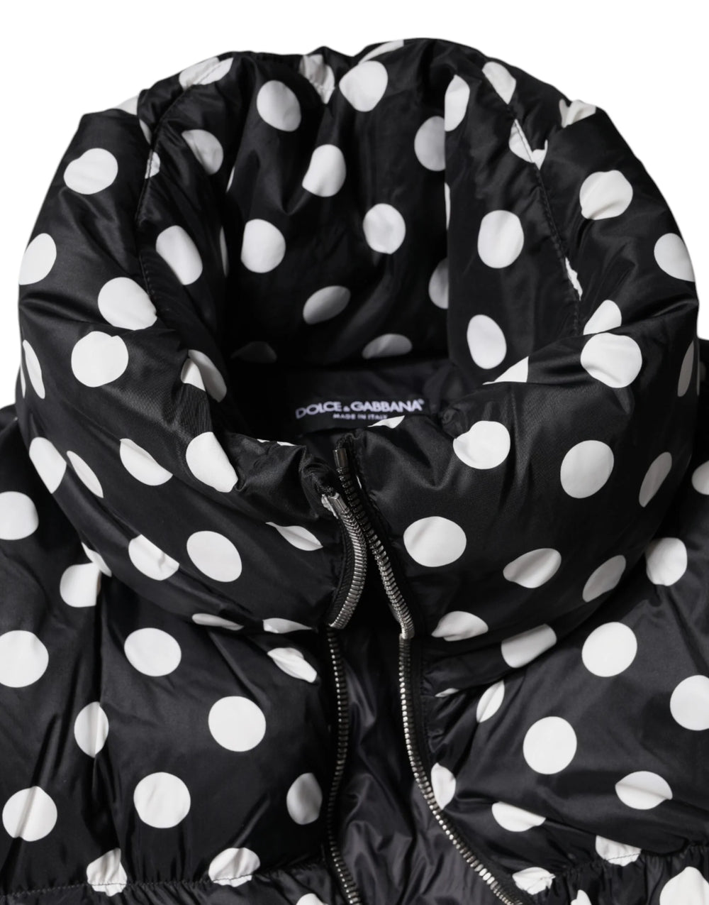 Dolce & Gabbana Black White Polka Dot Full Zip Puffer Jacket - Puffer Jackets
