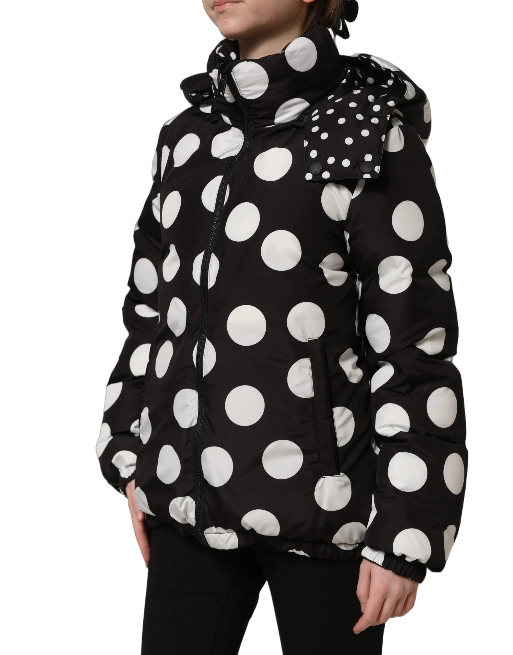 Dolce & Gabbana Black White Polka Dot Hooded Blouson Jacket