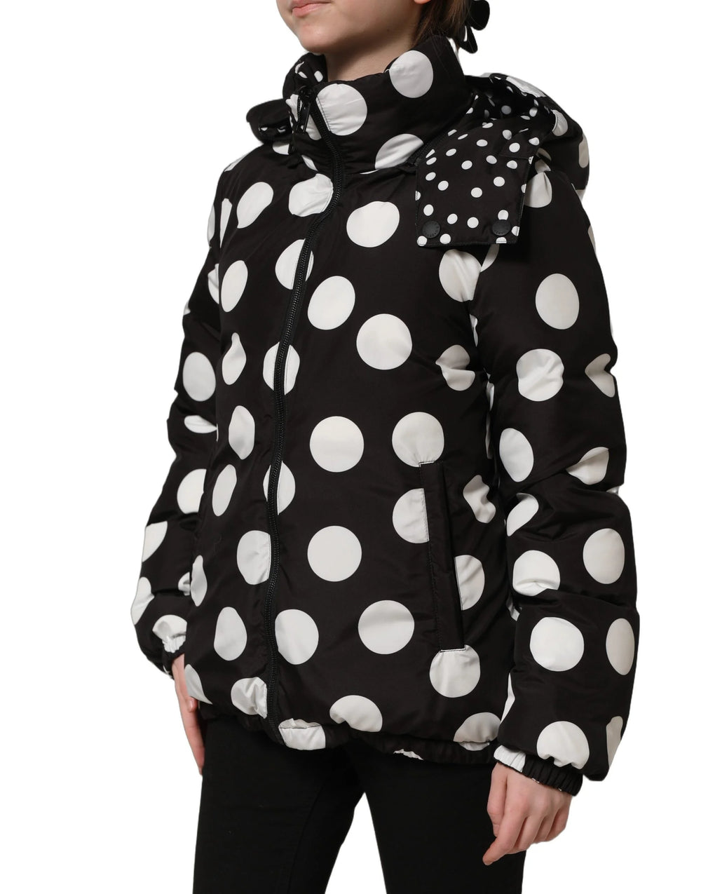 Dolce & Gabbana Black White Polka Dot Hooded Blouson Jacket