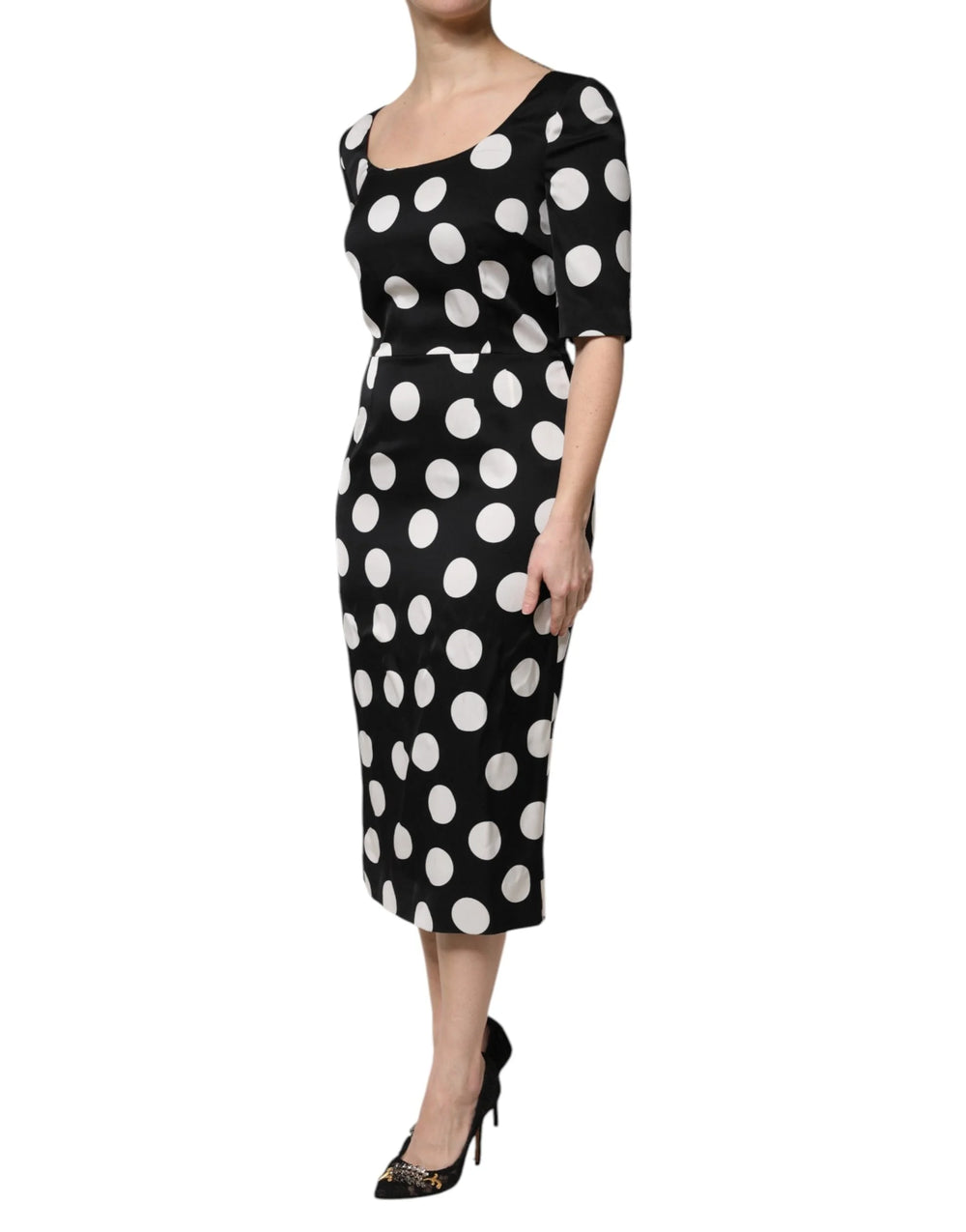 Dolce & Gabbana Vestido Midi de Seda con Estampado de Lunares Blanco y Negro - IT40|S - Vestidos