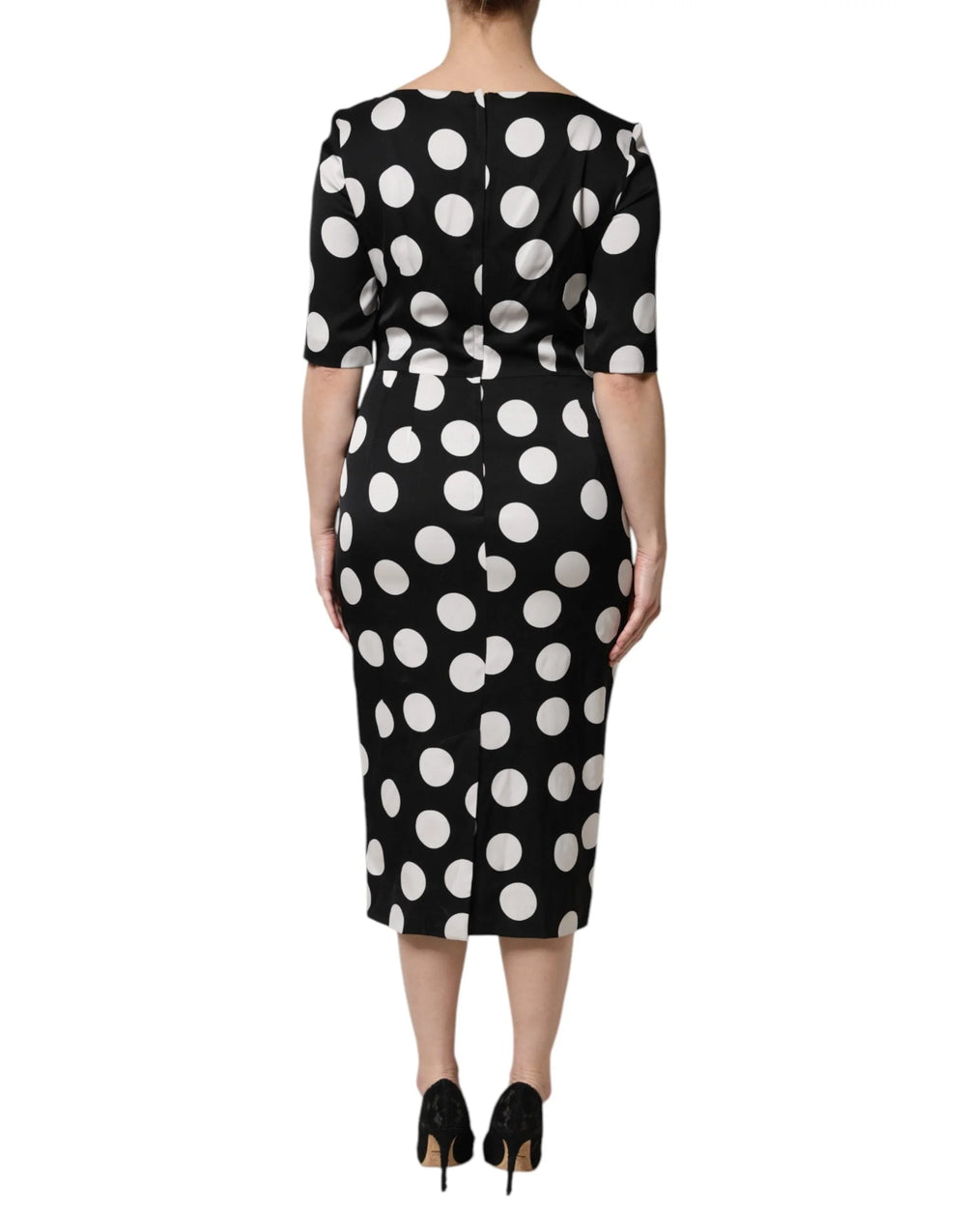 Dolce & Gabbana Vestido Midi de Seda con Estampado de Lunares Blanco y Negro - IT40|S - Vestidos