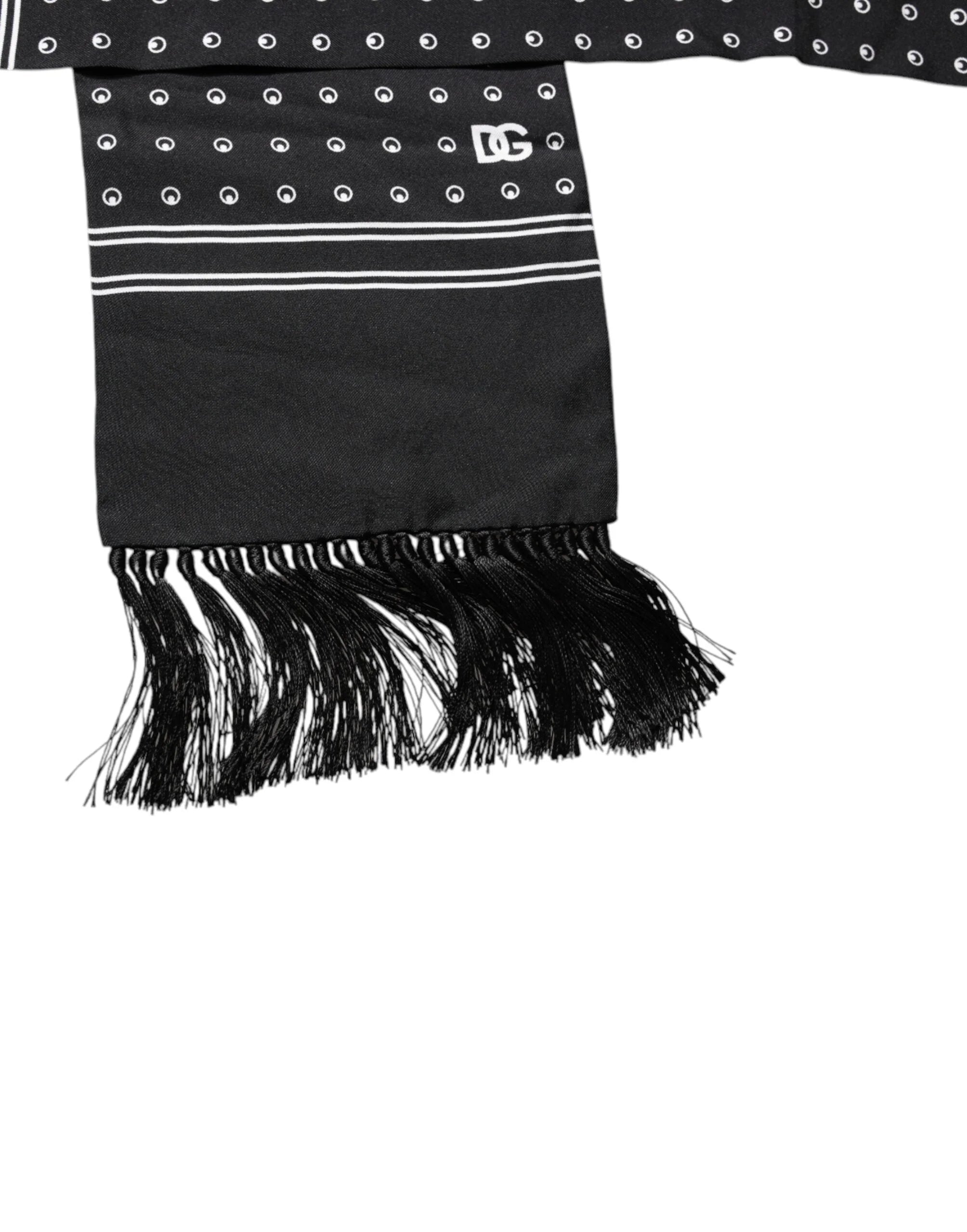 Dolce & Gabbana Black White Polka Dotted Silk Skinny Fringes Scarf - Scarves & Shawls