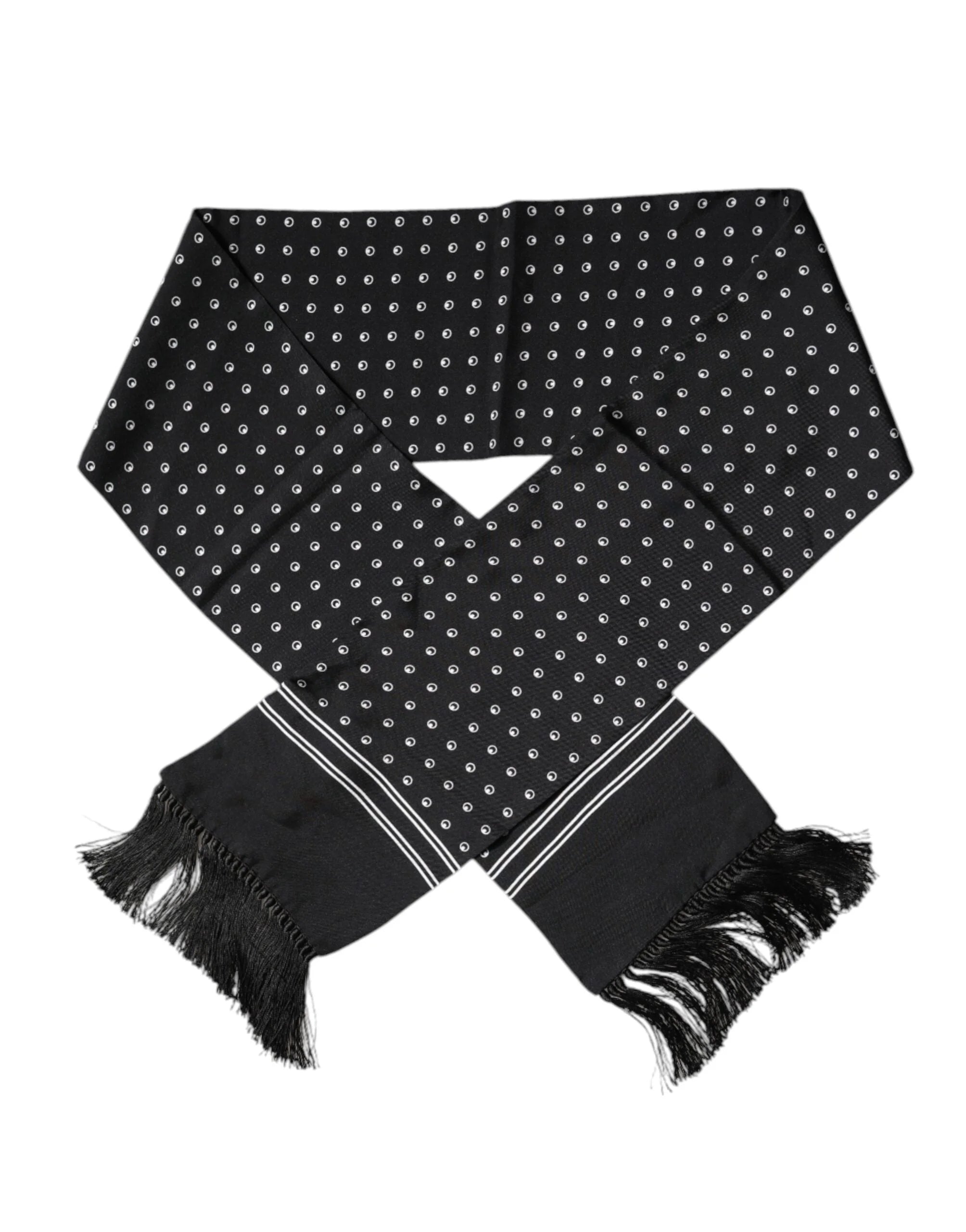 Dolce & Gabbana Black White Polka Dotted Silk Skinny Fringes Scarf - Scarves & Shawls