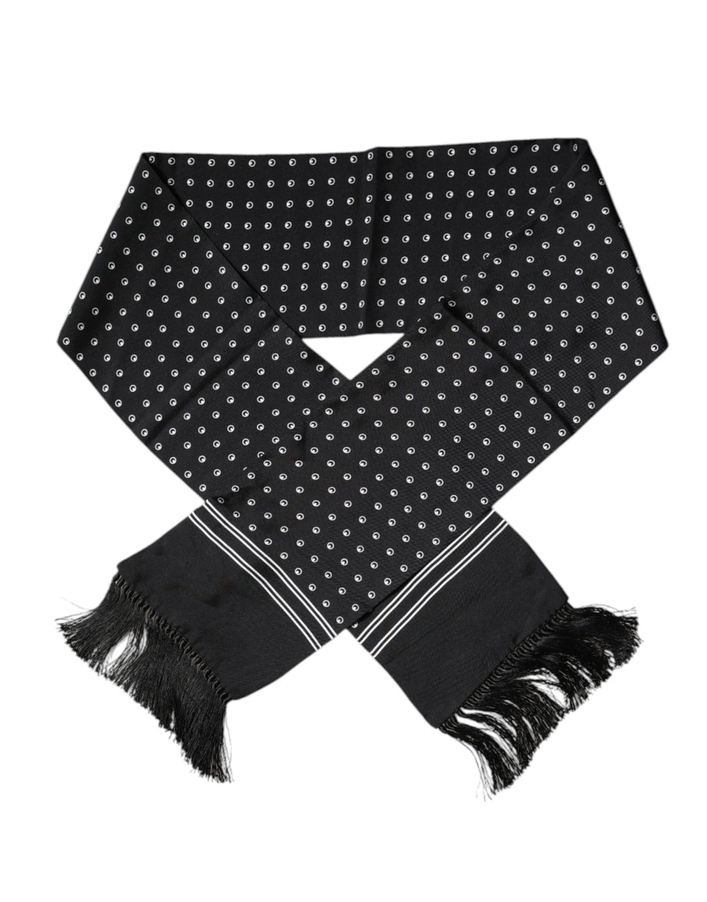 Dolce & Gabbana Black White Polka Dotted Silk Skinny Fringes Scarf - Scarves & Shawls