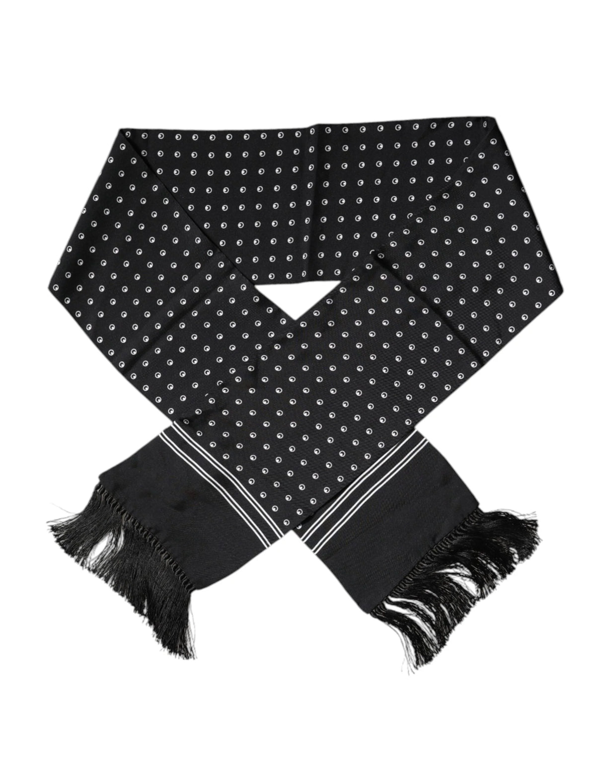 Dolce & Gabbana Black White Polka Dotted Silk Skinny Fringes Scarf - Scarves & Shawls