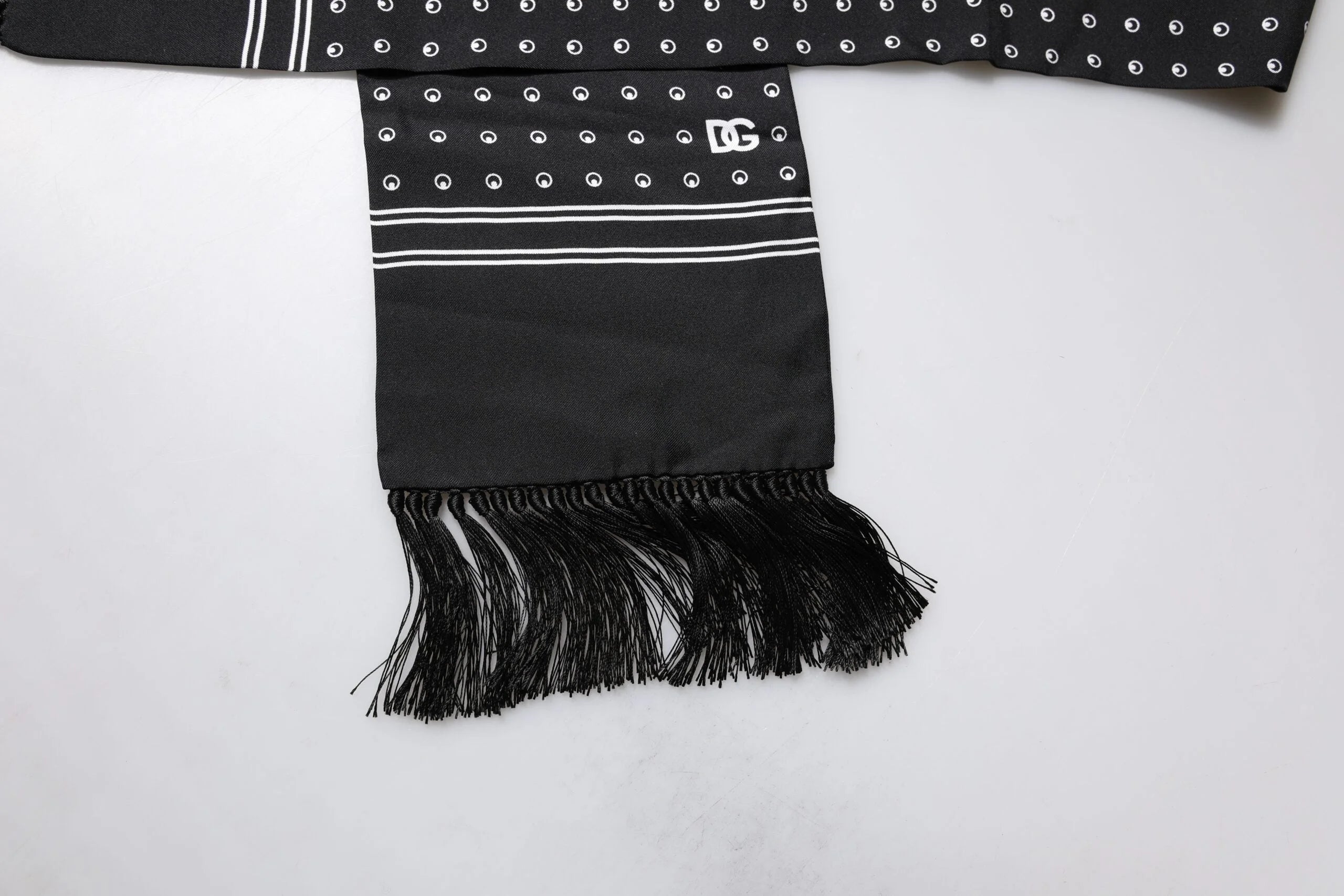 Dolce & Gabbana Black White Polka Dotted Silk Skinny Fringes Scarf - Scarves & Shawls