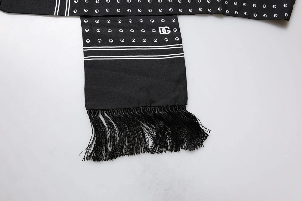 Dolce & Gabbana Black White Polka Dotted Silk Skinny Fringes Scarf - Scarves & Shawls