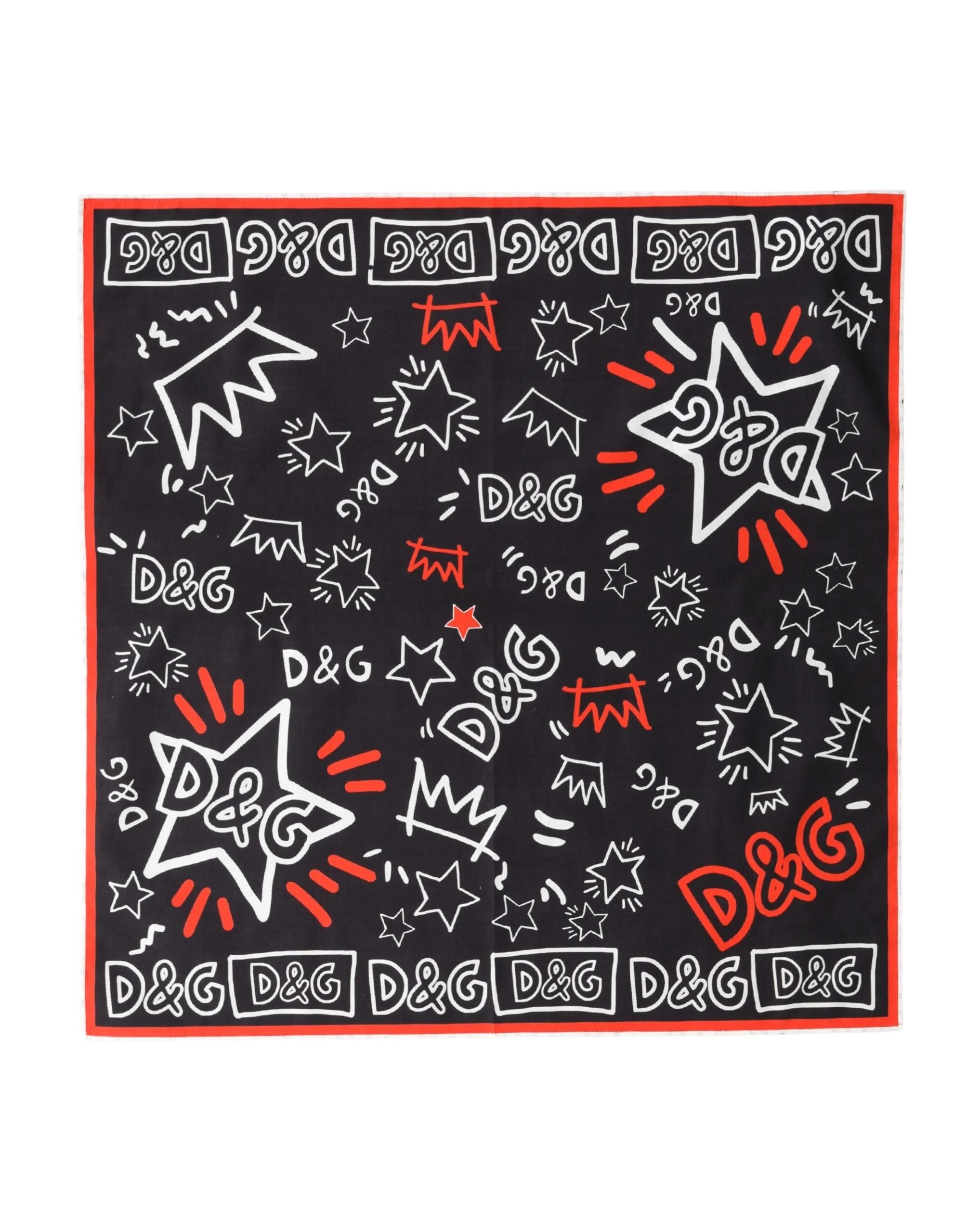 Dolce & Gabbana Black White Red DG Crown Cotton Foulard 47cm x 46cm Scarf