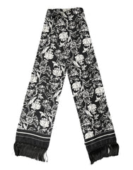 Dolce & Gabbana Black White Silk Floral Print Fringe 136cm X 15.5cm Scarf