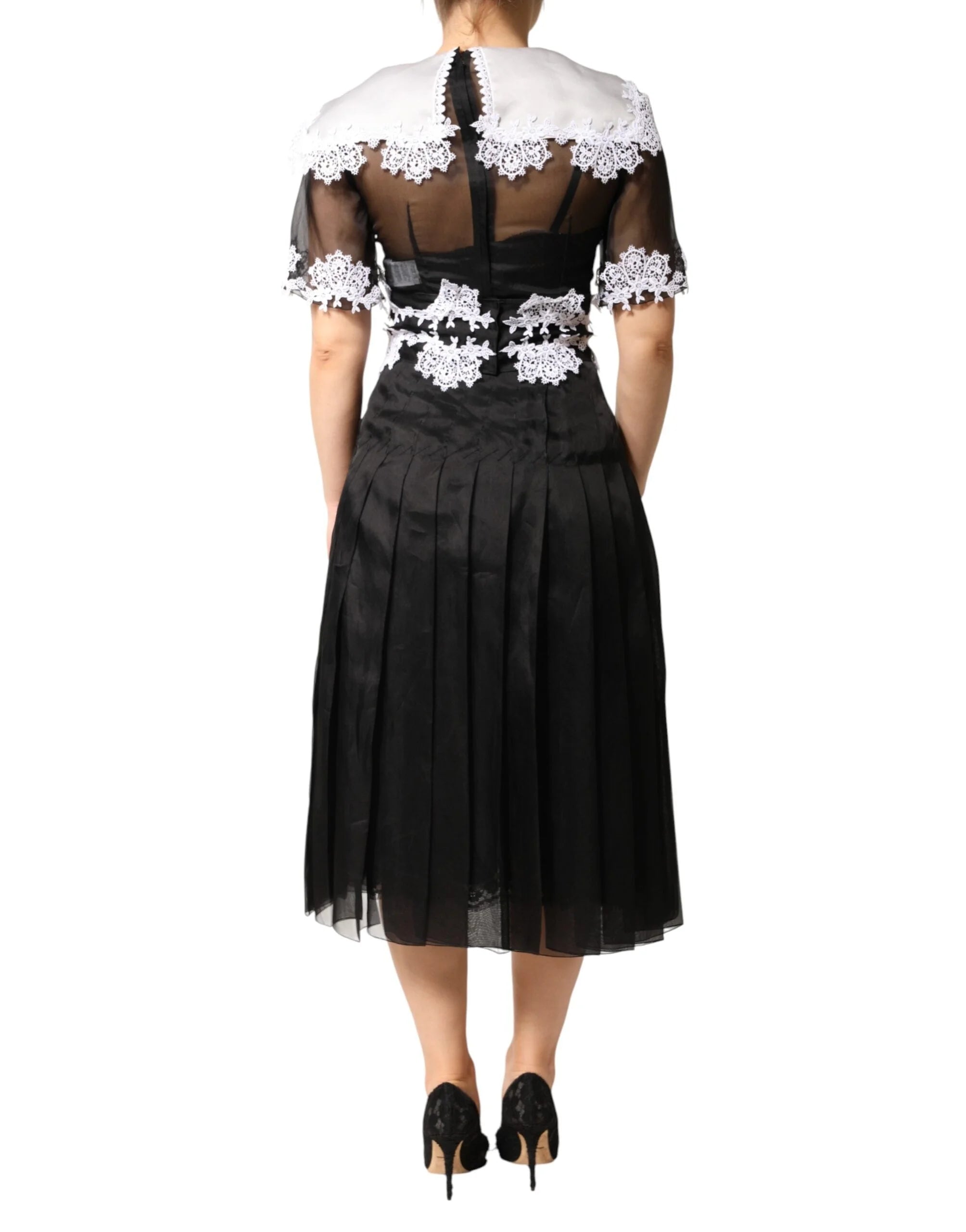 Dolce & Gabbana Black White Silk Macrame Lace Midi Dress - IT36|XXS