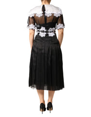 Dolce & Gabbana Black White Silk Macrame Lace Midi Dress - IT36|XXS