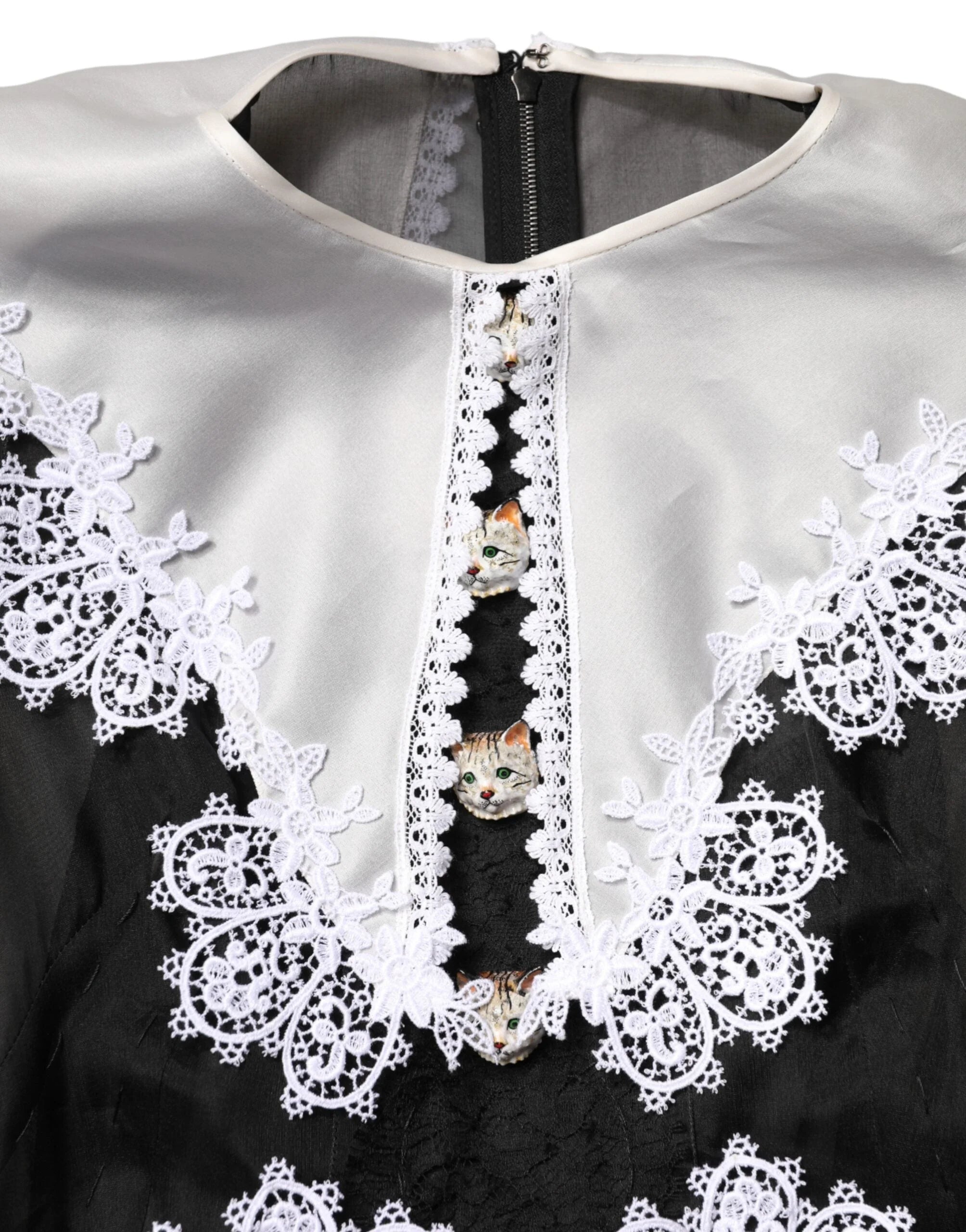 Dolce & Gabbana Black White Silk Macrame Lace Midi Dress - IT36|XXS