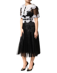 Dolce & Gabbana Black White Silk Macrame Lace Midi Dress - IT36|XXS