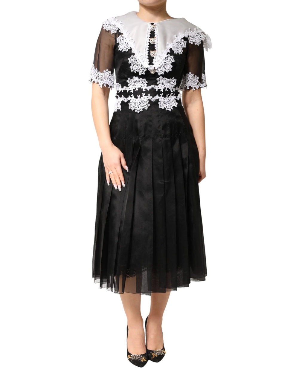 Dolce & Gabbana Black White Silk Macrame Lace Midi Dress - IT36|XXS