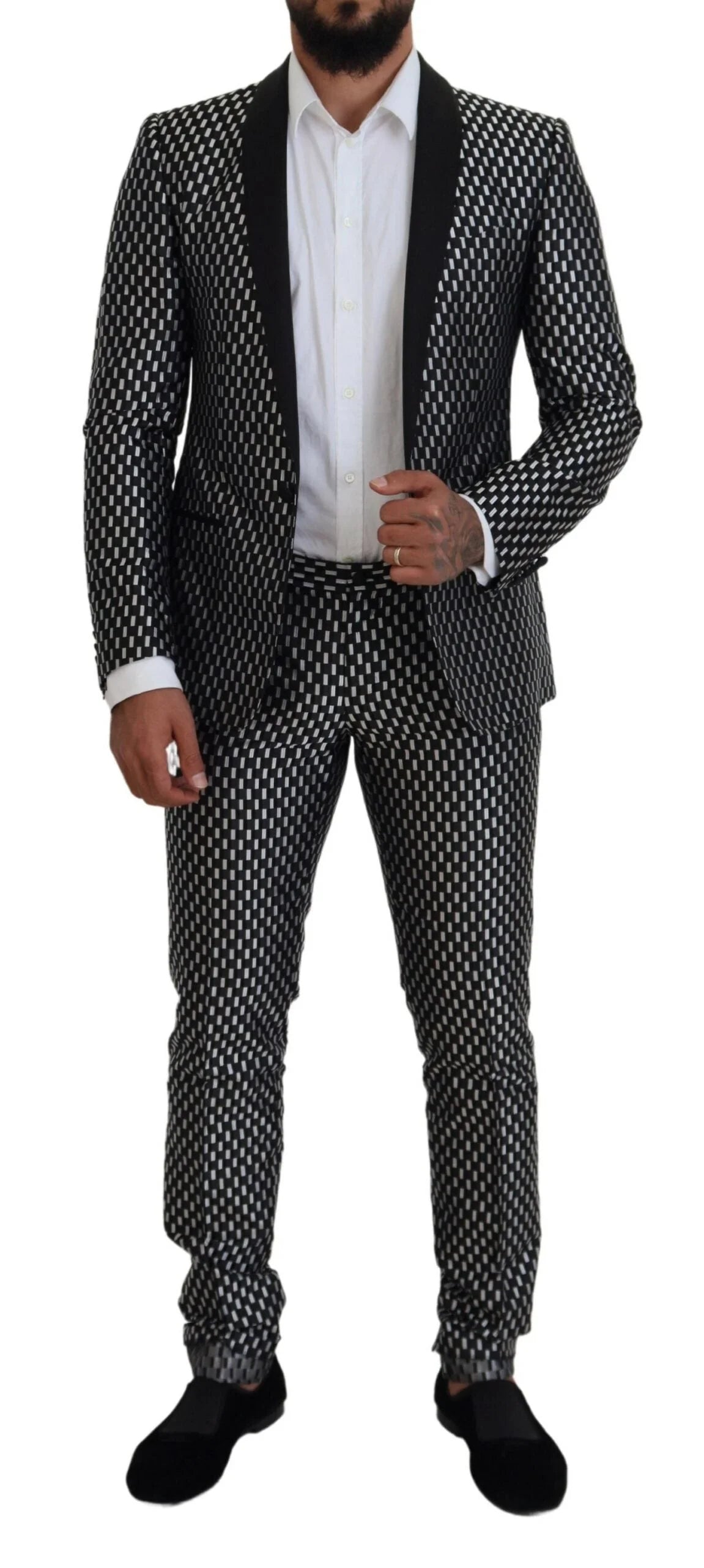 Dolce & Gabbana Black White Silk MARTINI Slim Fit Suit - IT44 | XS - Suits
