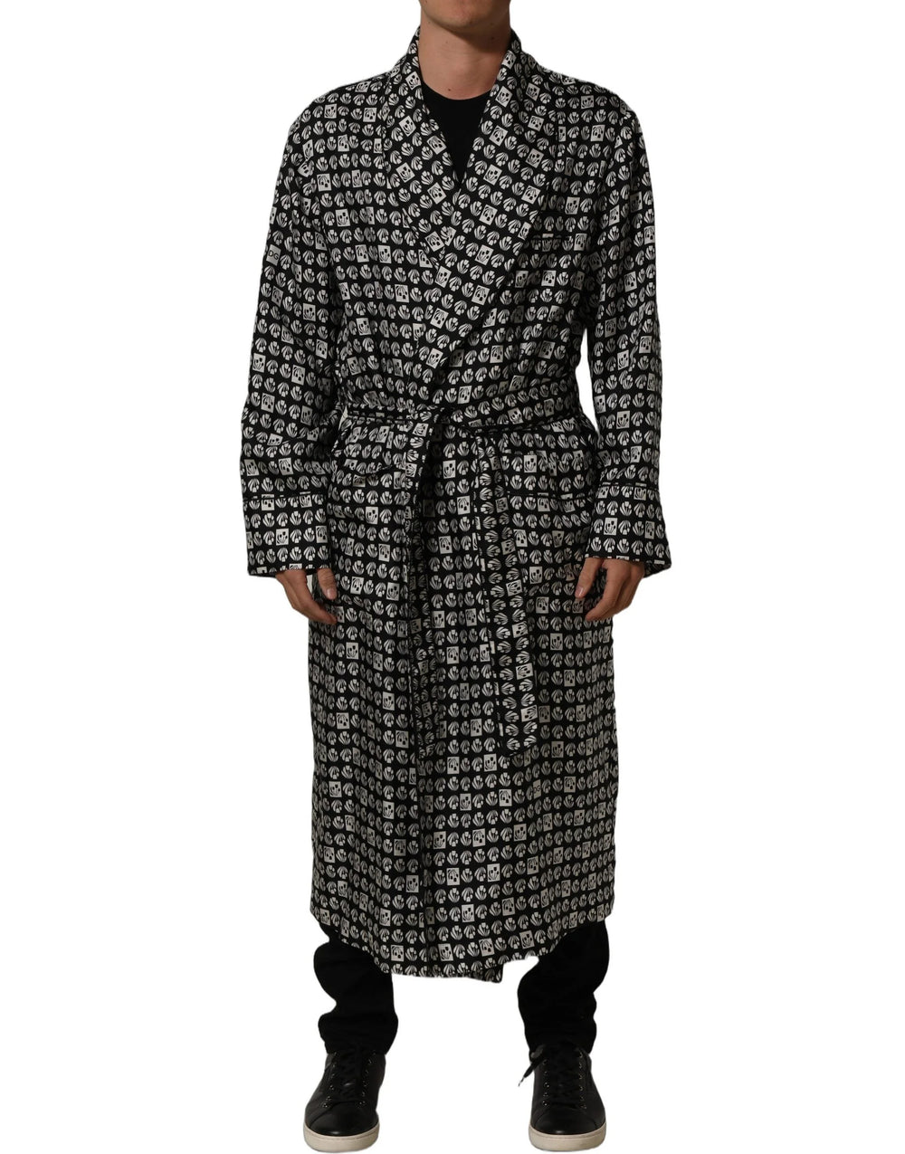 Dolce & Gabbana Black White Silk Men Wrap Robe Coat Jacket - IT48 | M