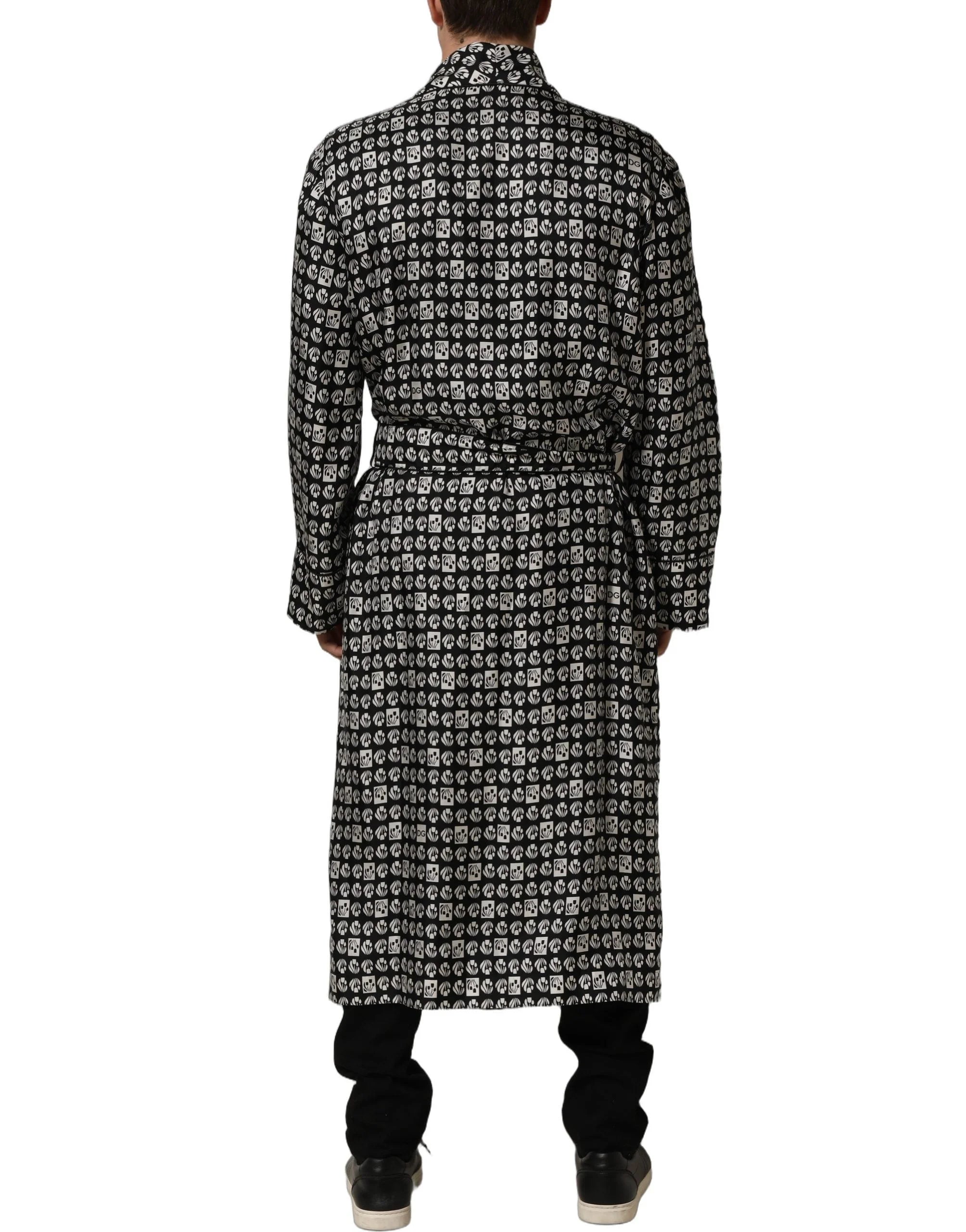 Dolce & Gabbana Black White Silk Men Wrap Robe Coat Jacket - IT48 | M