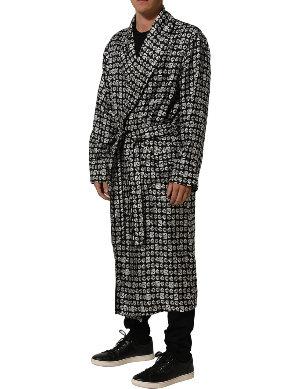 Dolce & Gabbana Black White Silk Men Wrap Robe Coat Jacket - IT48 | M