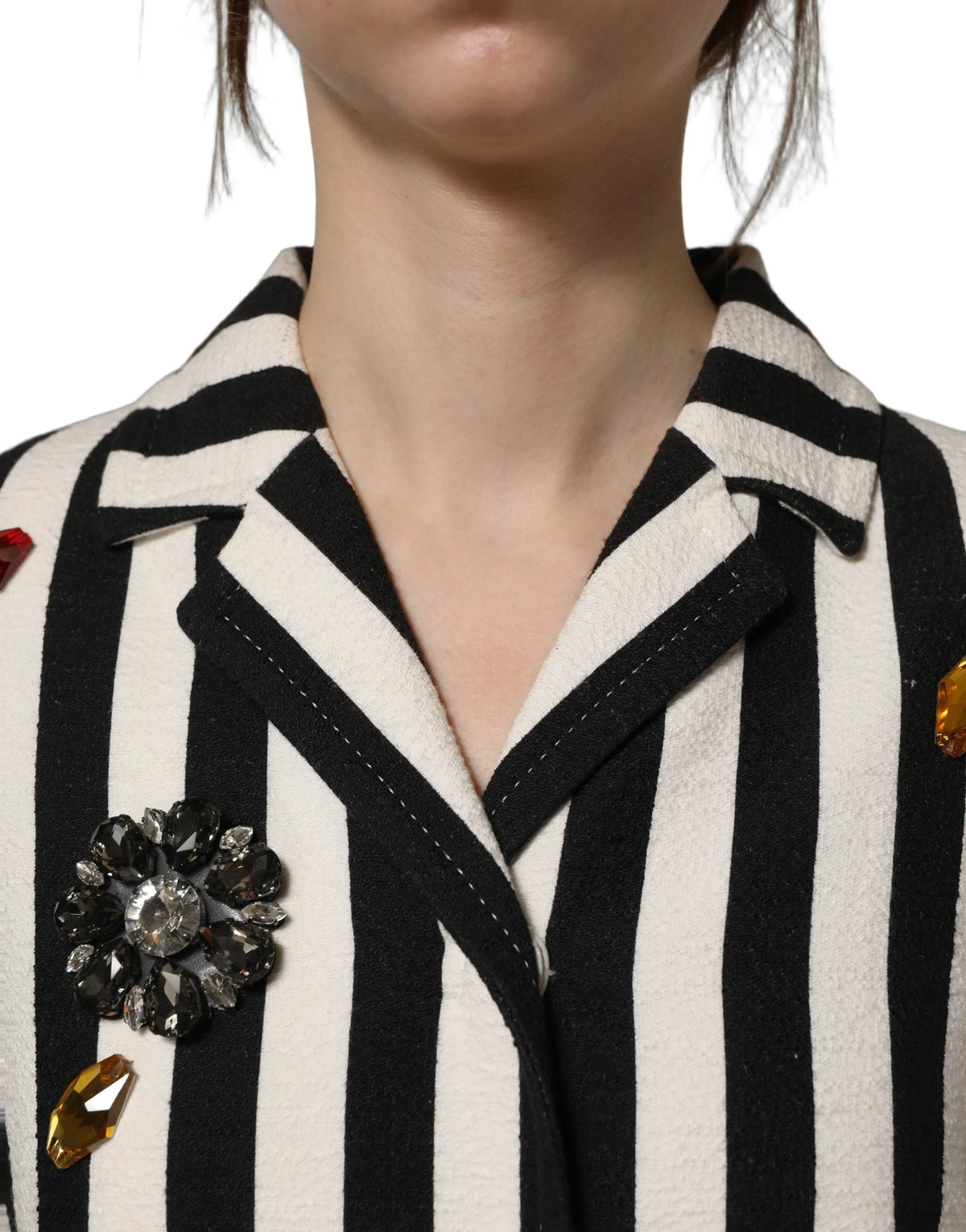 Dolce & Gabbana Black White Striped Embellished Coat Jacket - IT38 | XS