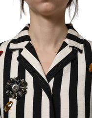 Dolce & Gabbana Black White Striped Embellished Coat Jacket - IT38 | XS