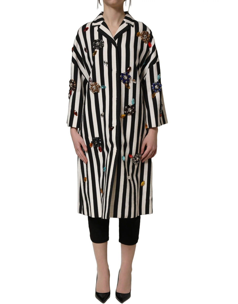 Dolce & Gabbana Black White Striped Embellished Coat Jacket - IT38 | XS