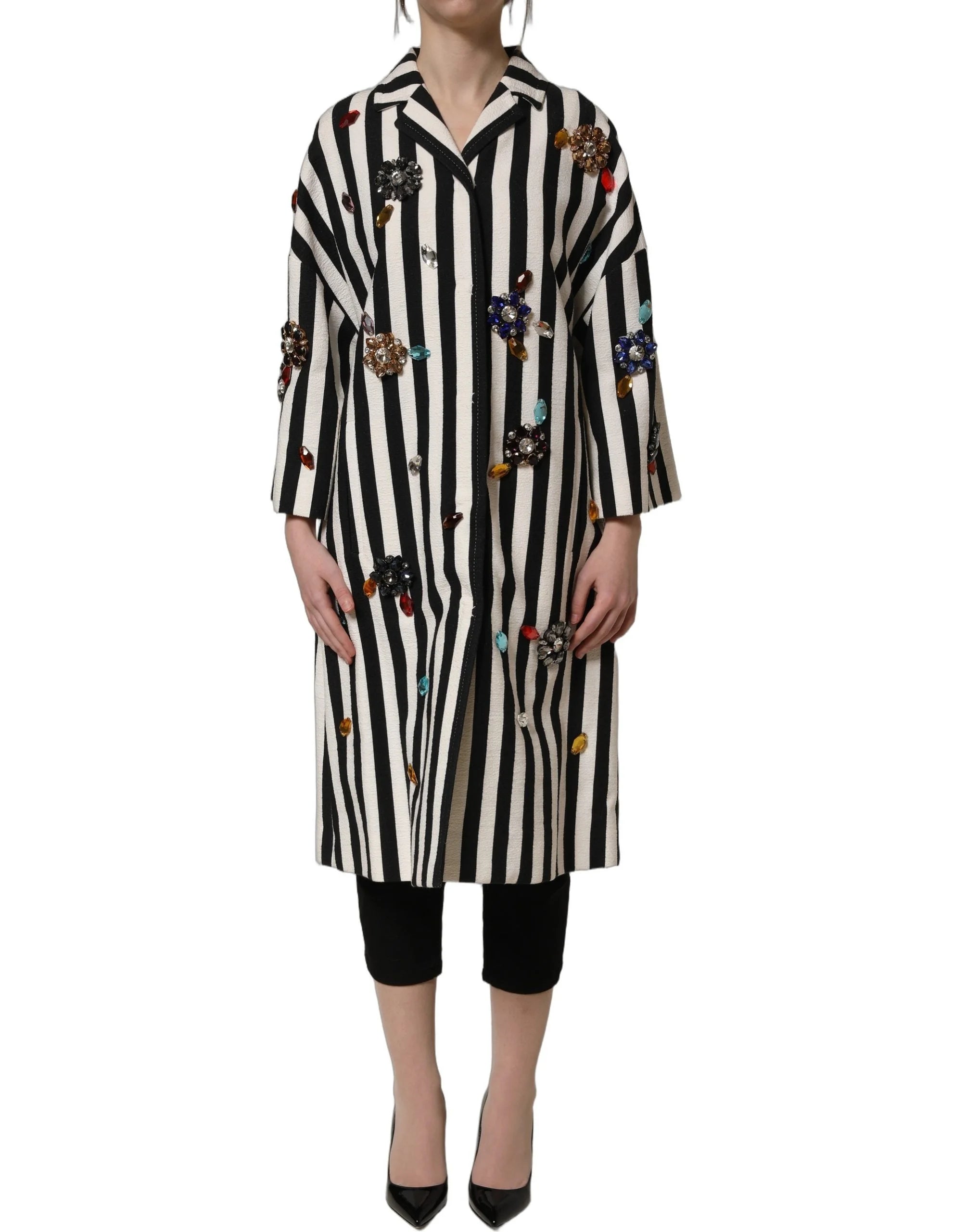 Dolce & Gabbana Black White Striped Embellished Coat Jacket - IT38 | XS