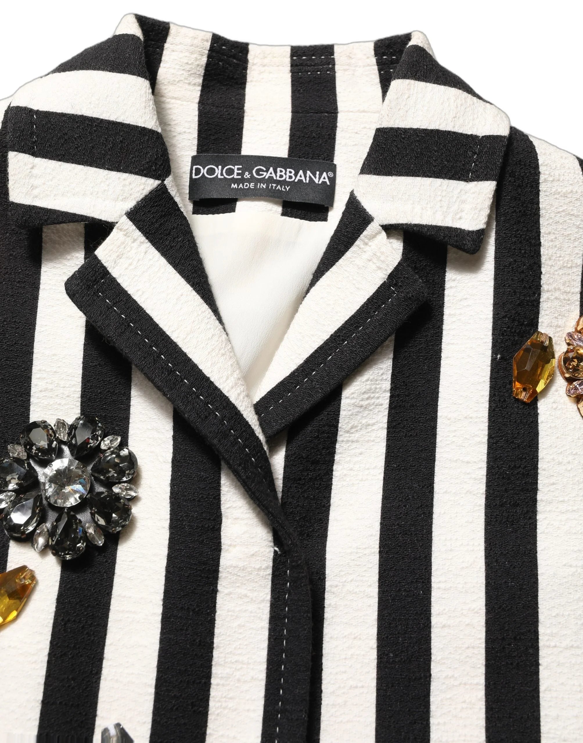 Dolce & Gabbana Black White Striped Embellished Coat Jacket - IT38 | XS