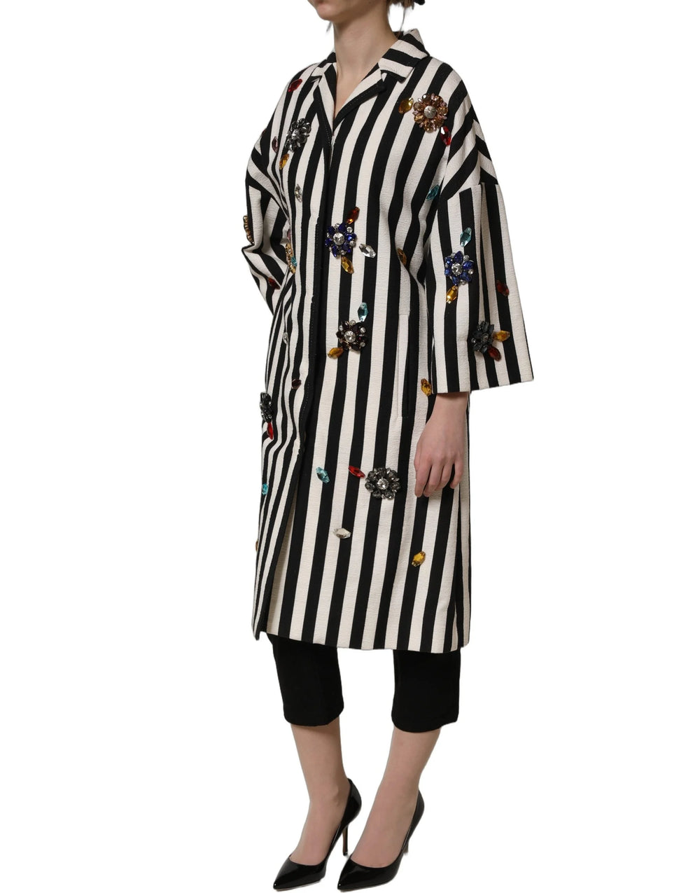 Dolce & Gabbana Black White Striped Embellished Coat Jacket - IT38 | XS