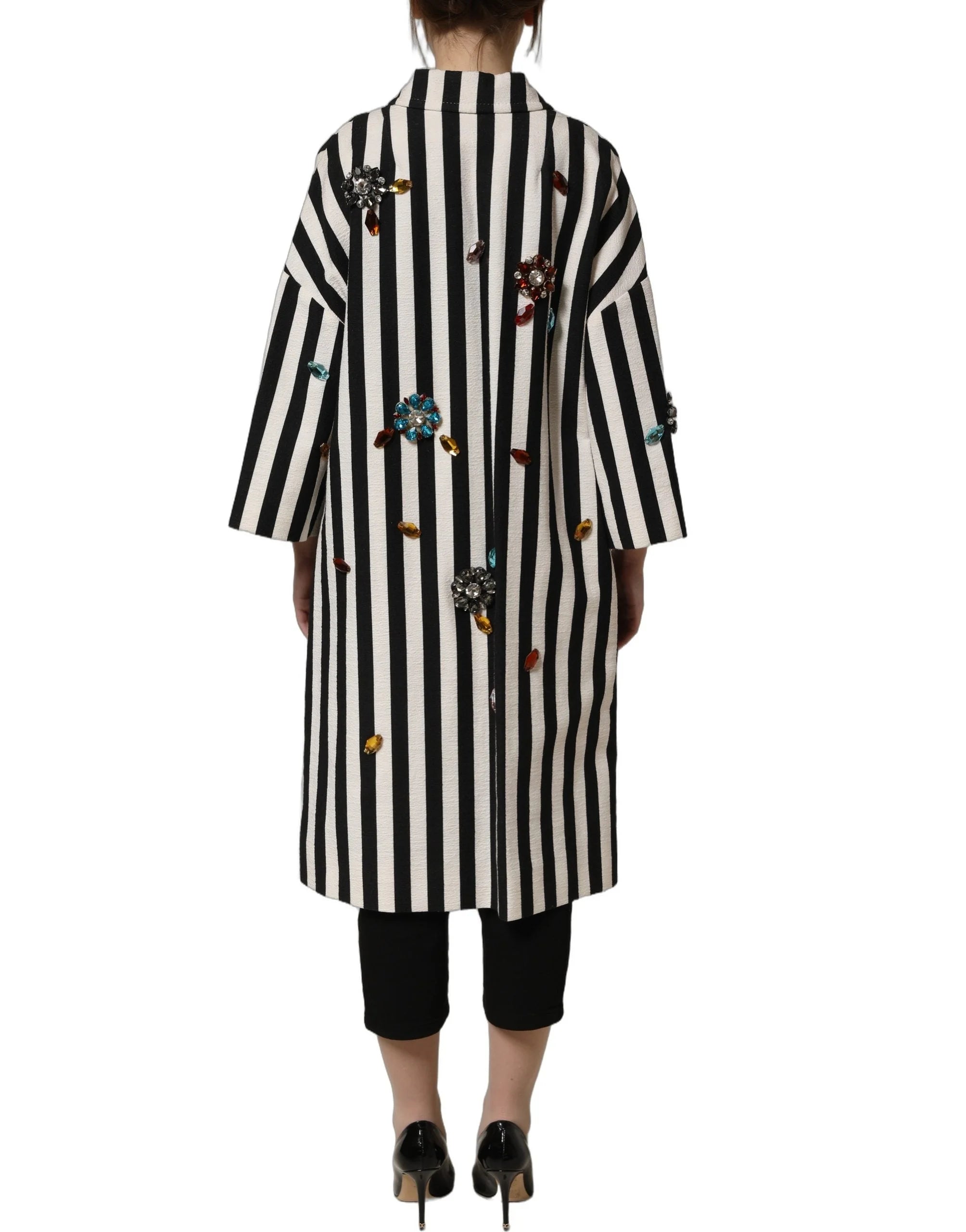 Dolce & Gabbana Black White Striped Embellished Coat Jacket - IT38 | XS