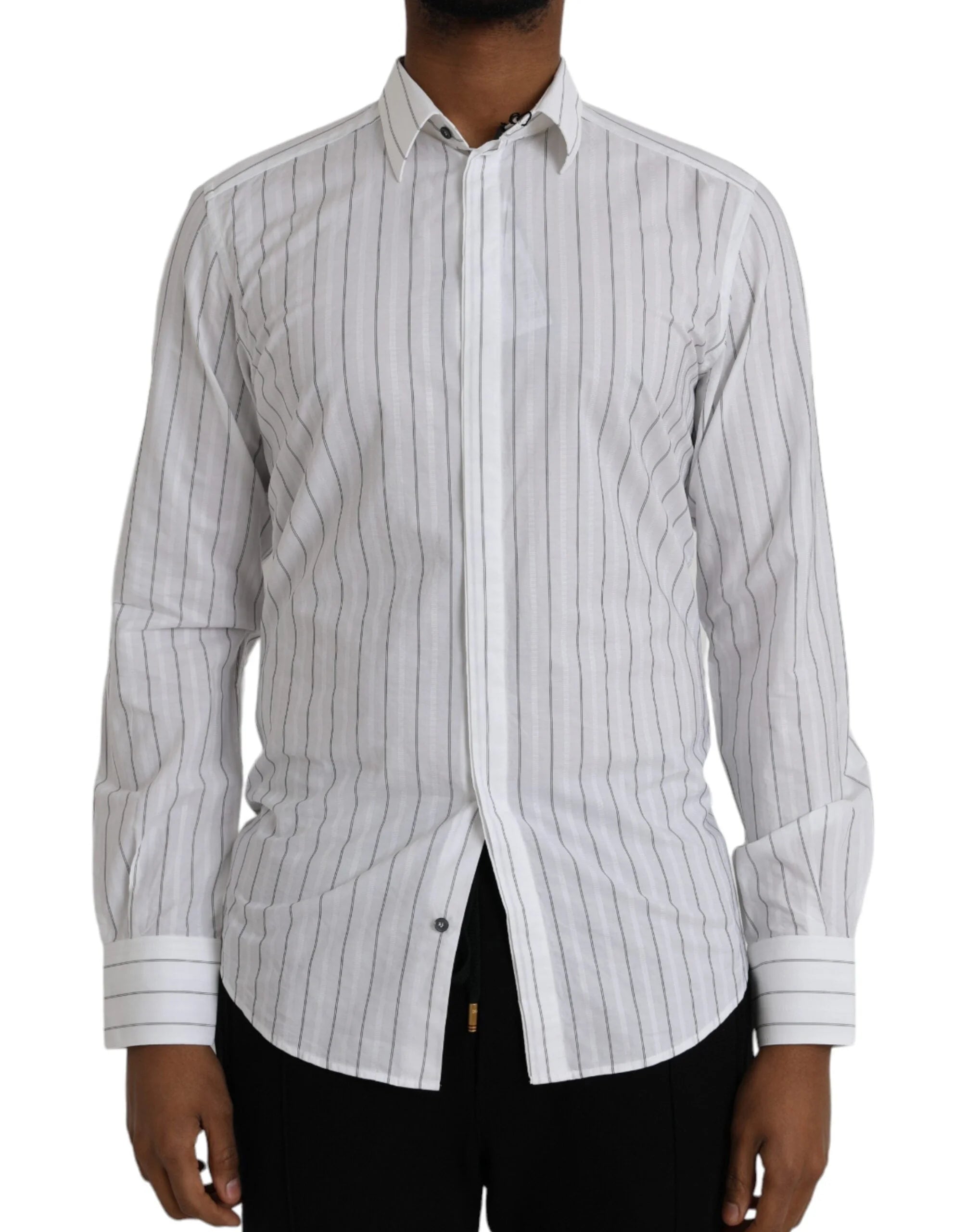 Dolce & Gabbana Black White Striped Formal Dress GOLD Shirt - IT39 | S - Shirts