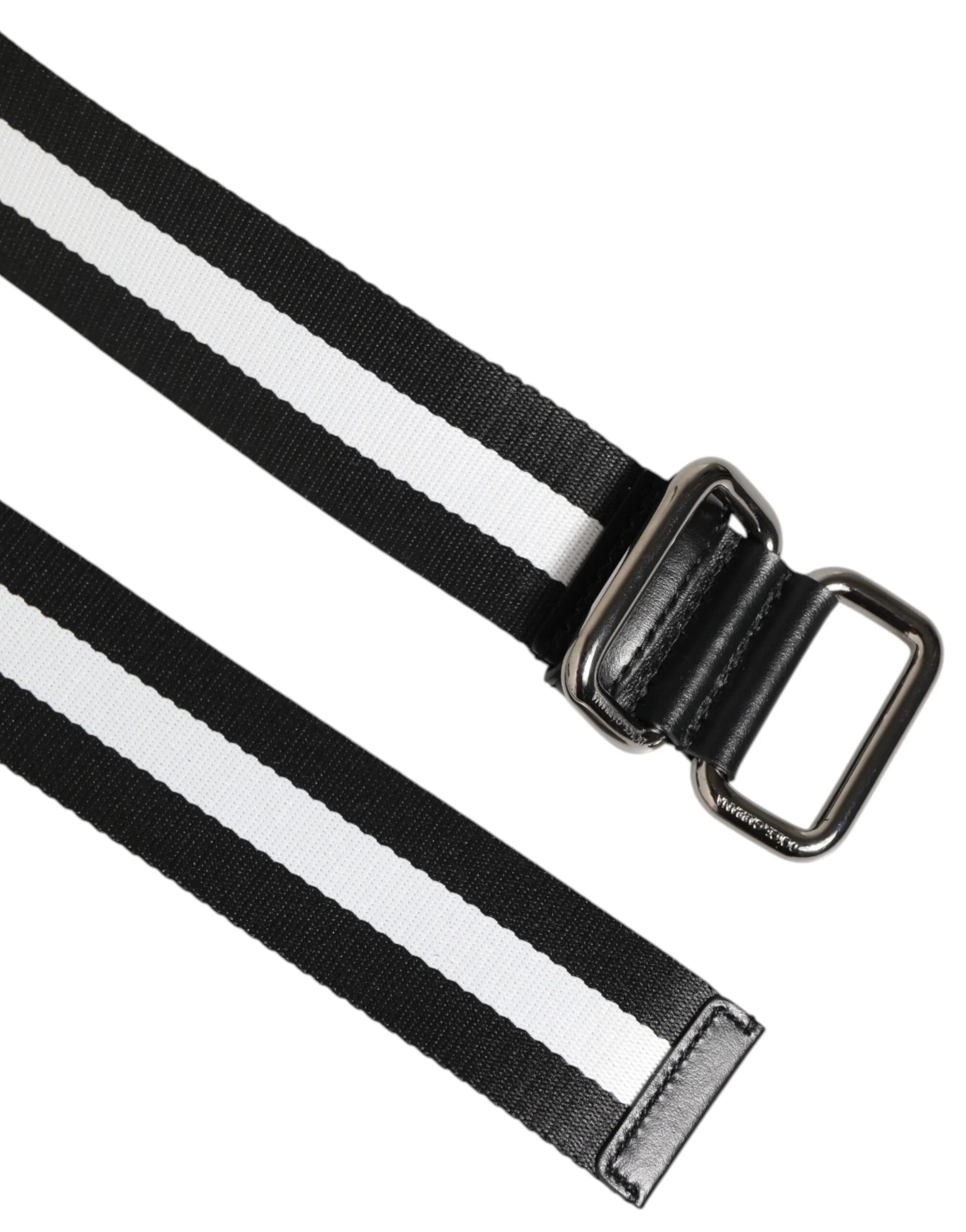 Dolce & Gabbana Black White Striped Logo Metal Buckle Belt - Belts