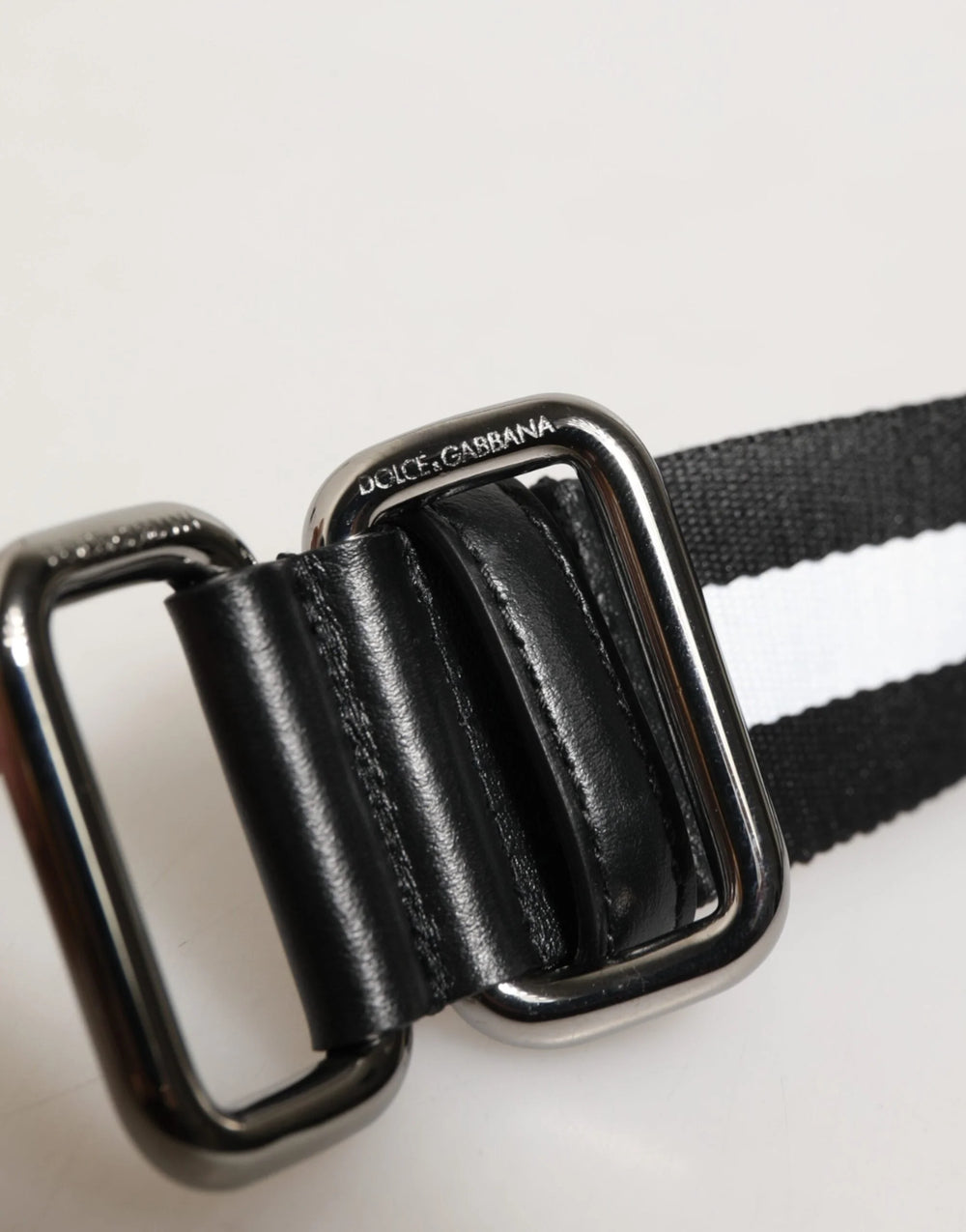 Dolce & Gabbana Black White Striped Logo Metal Buckle Belt - Belts