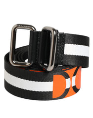 Dolce & Gabbana Black White Striped Logo Metal Buckle Belt - Belts