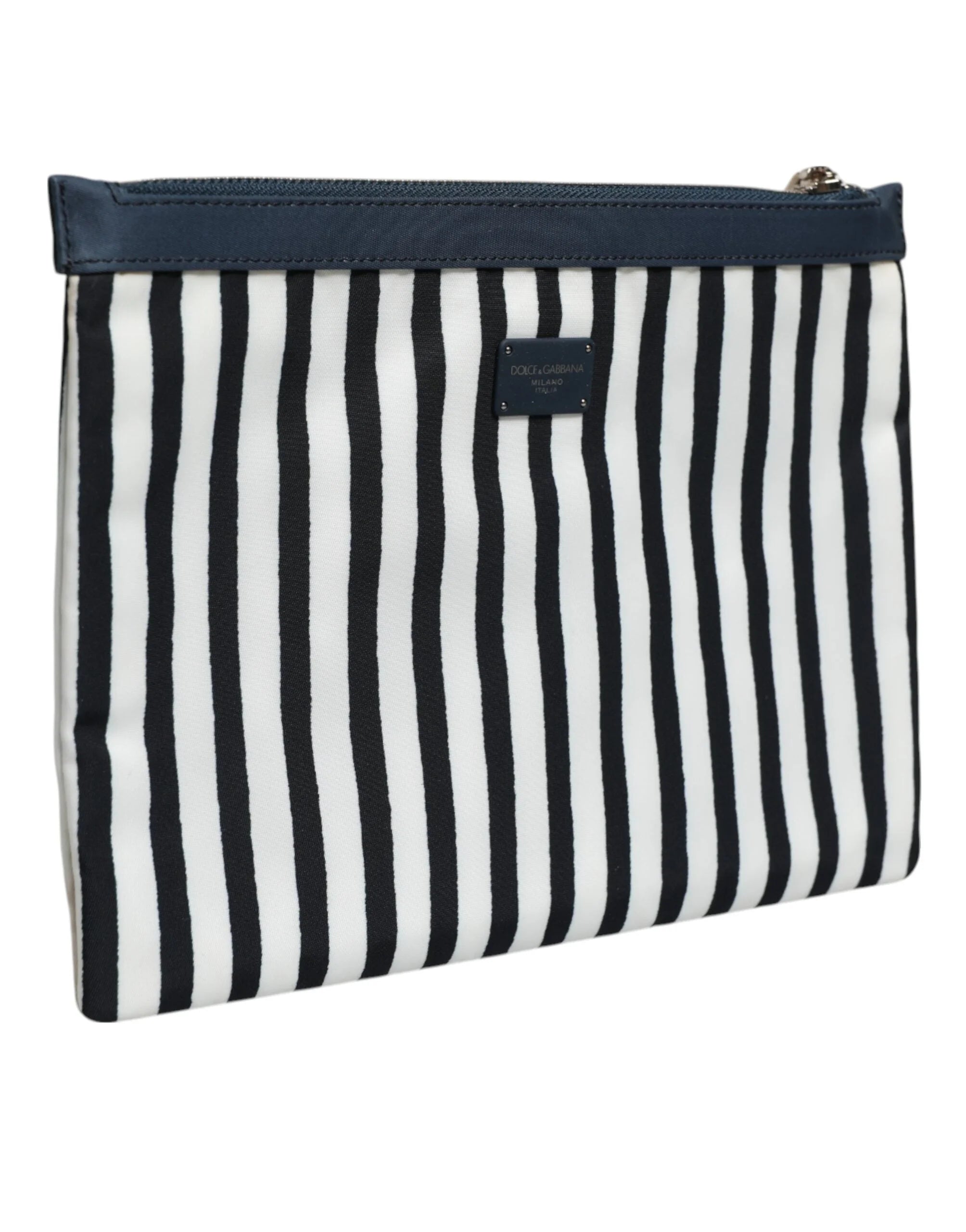 Dolce & Gabbana Black White Striped Logo Plaque Clutch Pouch Bag - Clutch Bags