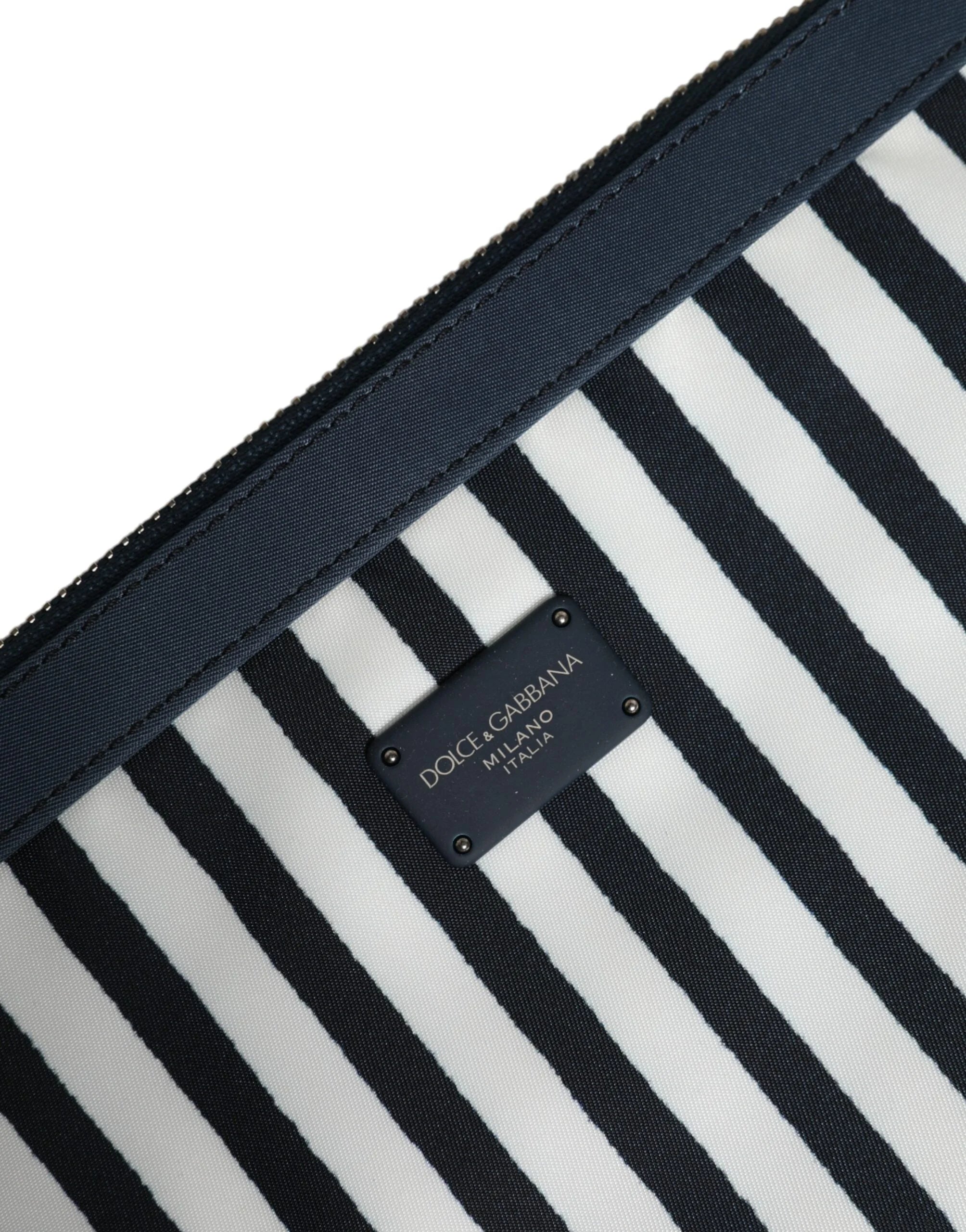Dolce & Gabbana Black White Striped Logo Plaque Clutch Pouch Bag - Clutch Bags