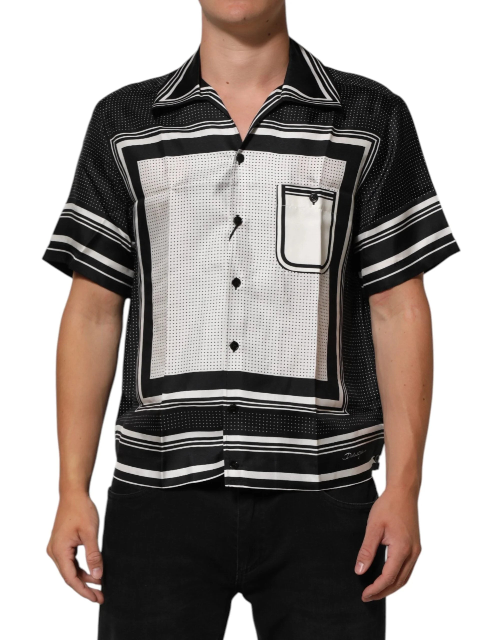 Dolce & Gabbana Black White StripeDot Print Casual Polo Shirt - IT38 | XS