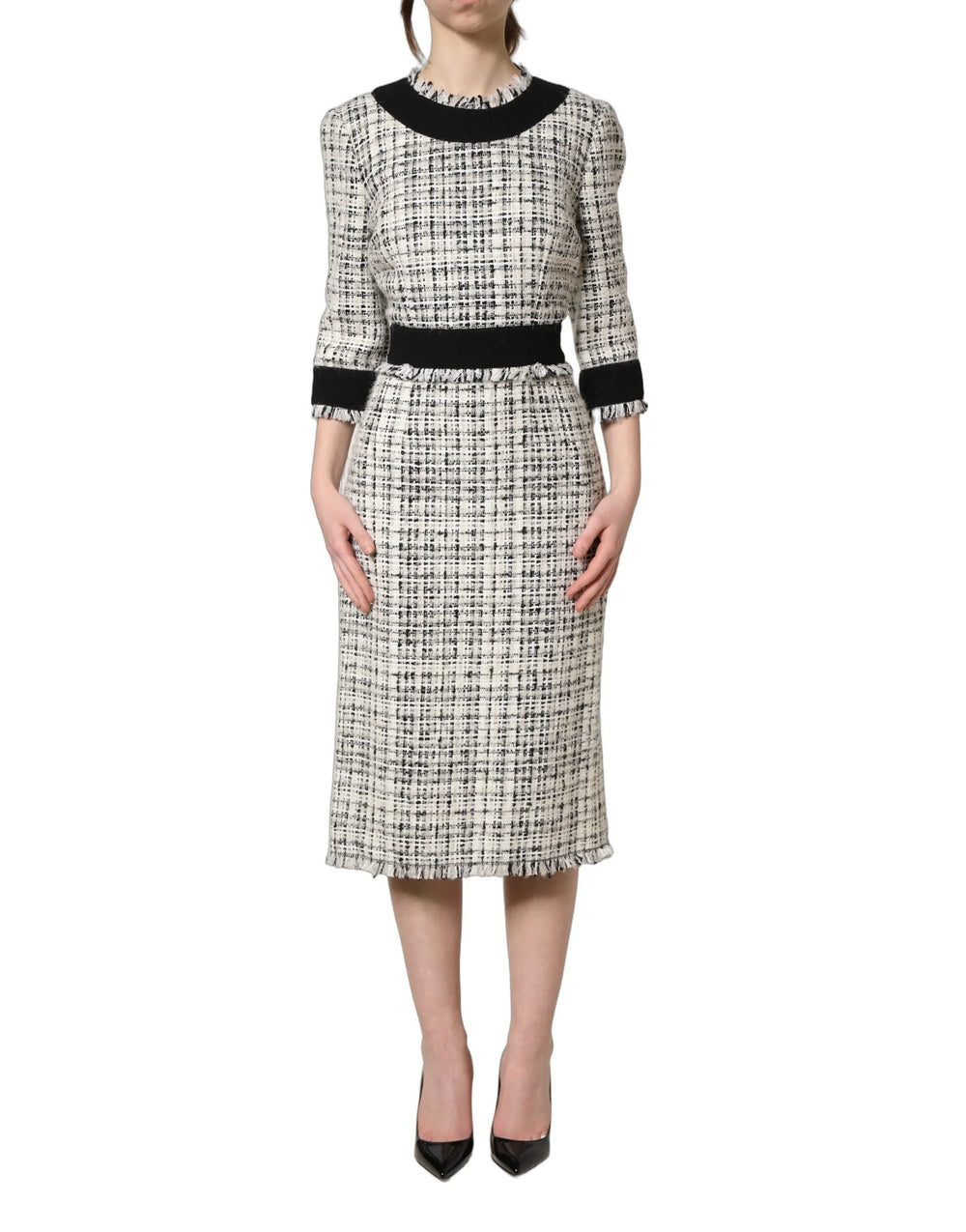 Dolce & Gabbana Black White Tweed Sheath A-line Midi Dress - IT36|XXS