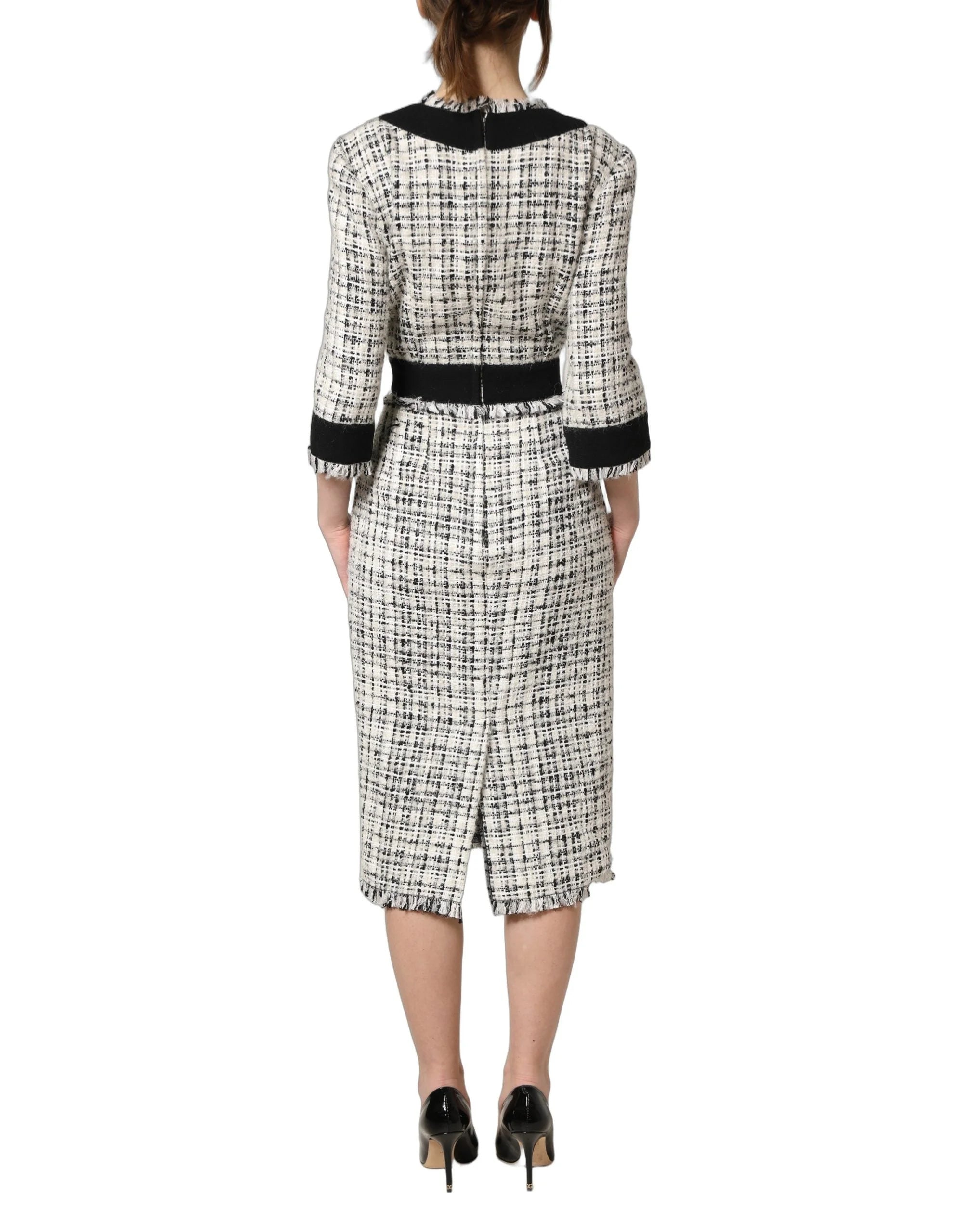 Dolce & Gabbana Black White Tweed Sheath A-line Midi Dress - IT36|XXS