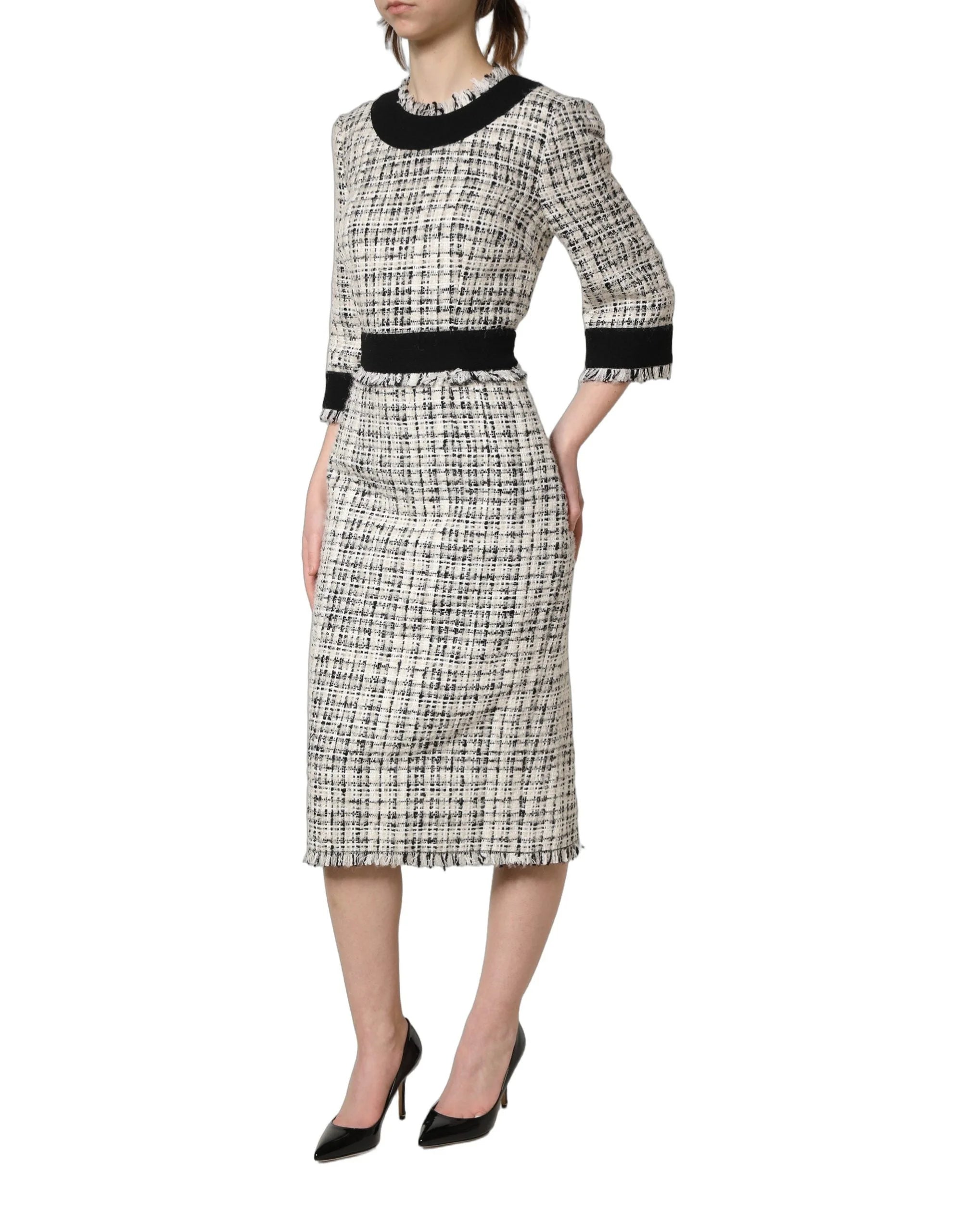 Dolce & Gabbana Black White Tweed Sheath A-line Midi Dress - IT36|XXS