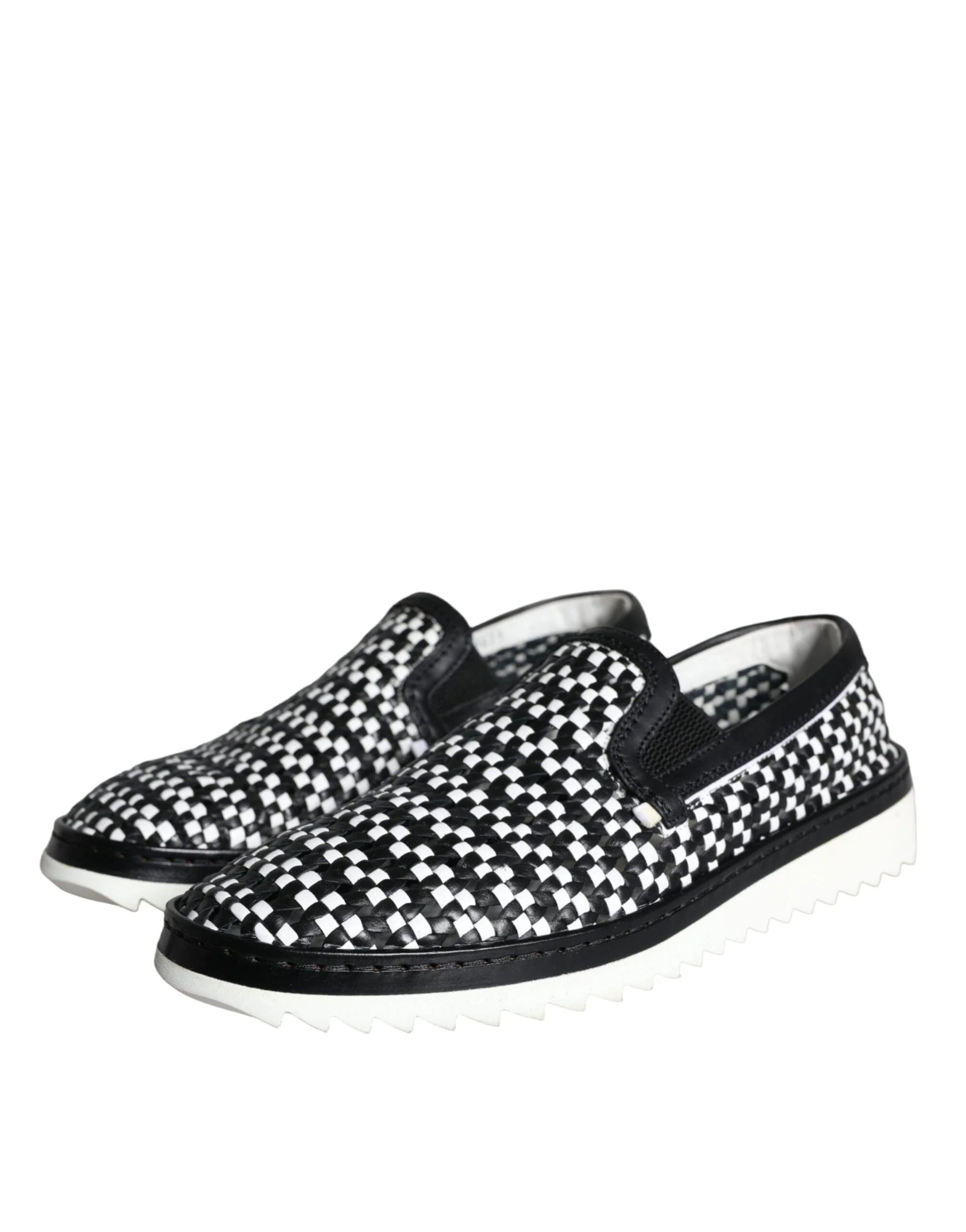 Dolce & Gabbana Black White Weaved Slip On Men Loafers Shoes - EU41.5/US8.5 - Flats