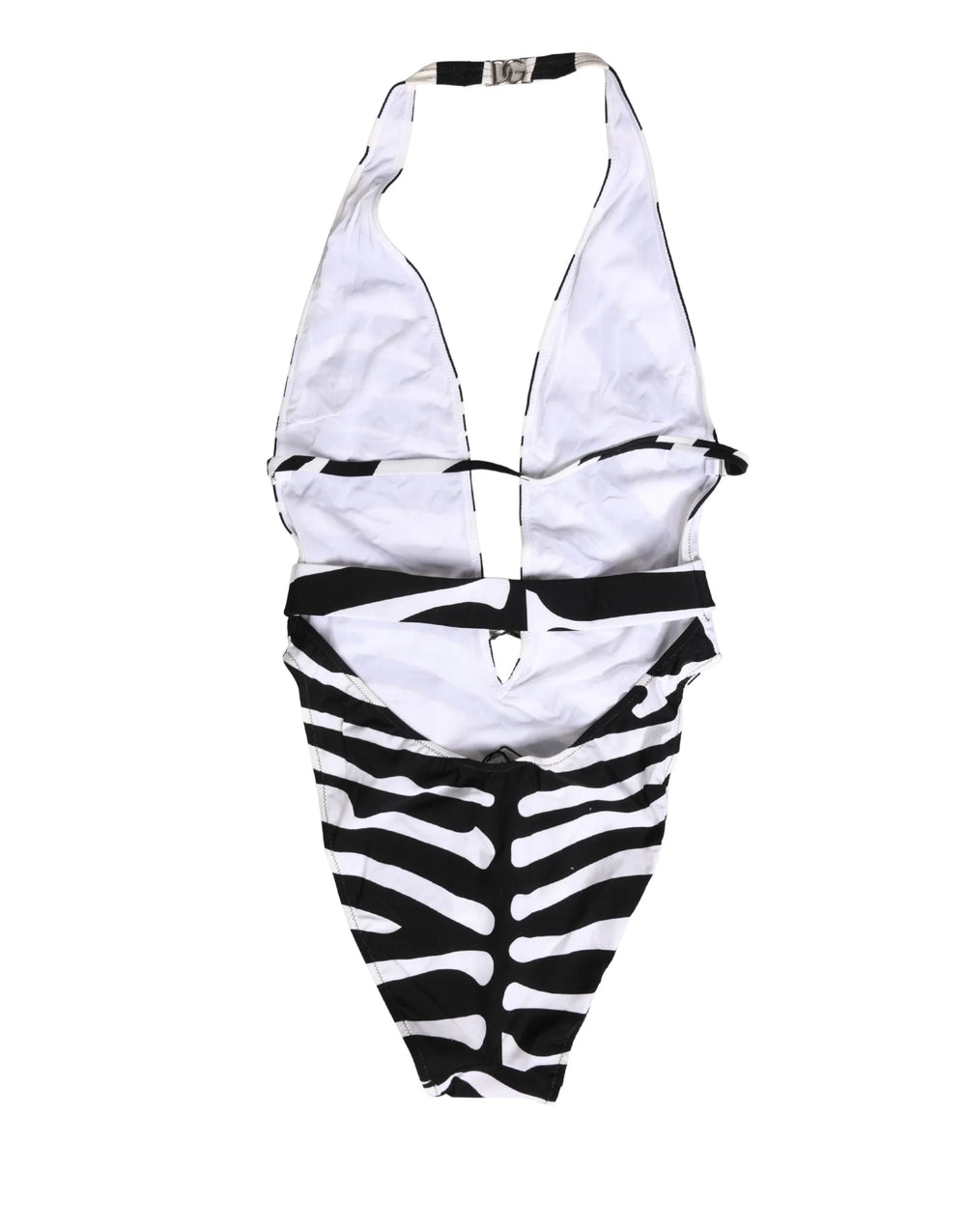 Dolce & Gabbana fekete-fehér, zebra mintás, mély V-nyakú fürdőruha
