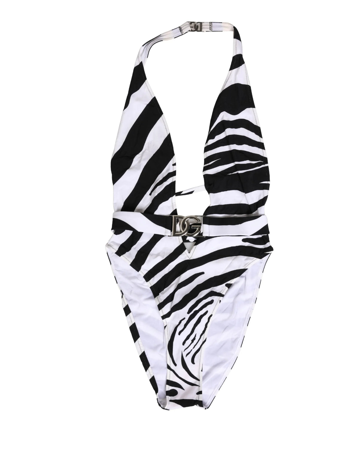 Dolce & Gabbana fekete-fehér, zebra mintás, mély V-nyakú fürdőruha