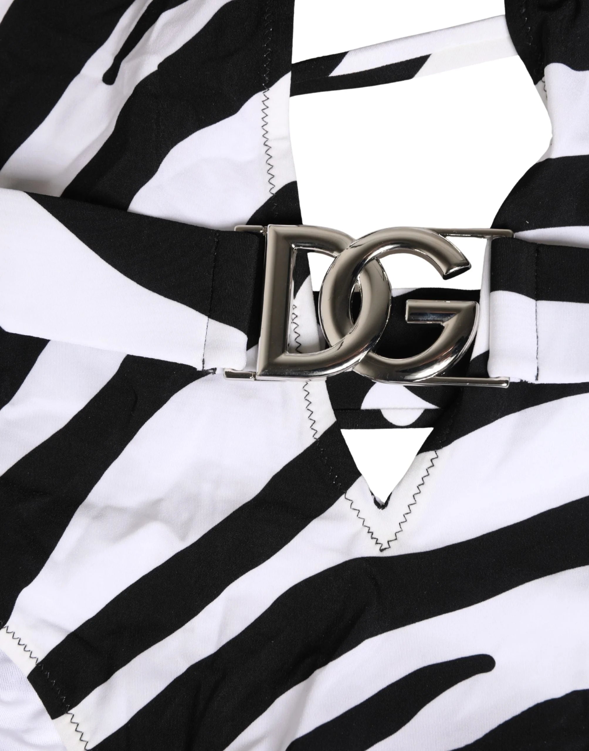 Dolce & Gabbana fekete-fehér, zebra mintás, mély V-nyakú fürdőruha