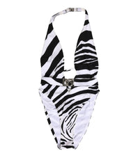 Dolce & Gabbana fekete-fehér, zebra mintás, mély V-nyakú fürdőruha