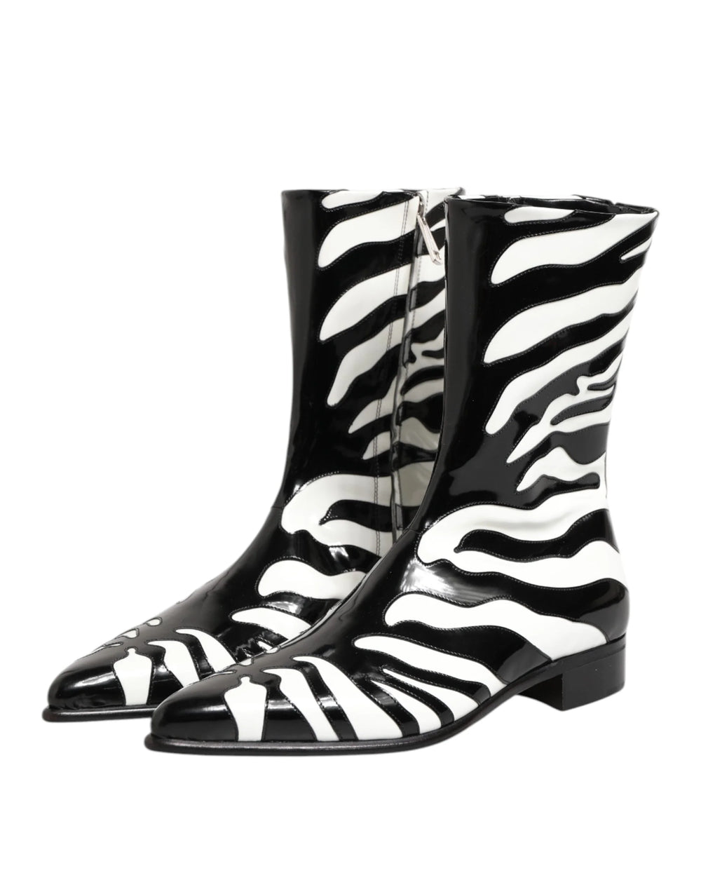 Dolce & Gabbana Black White Zebra Leather Mid Calf Boots Shoes - EU44/US11 - Boots