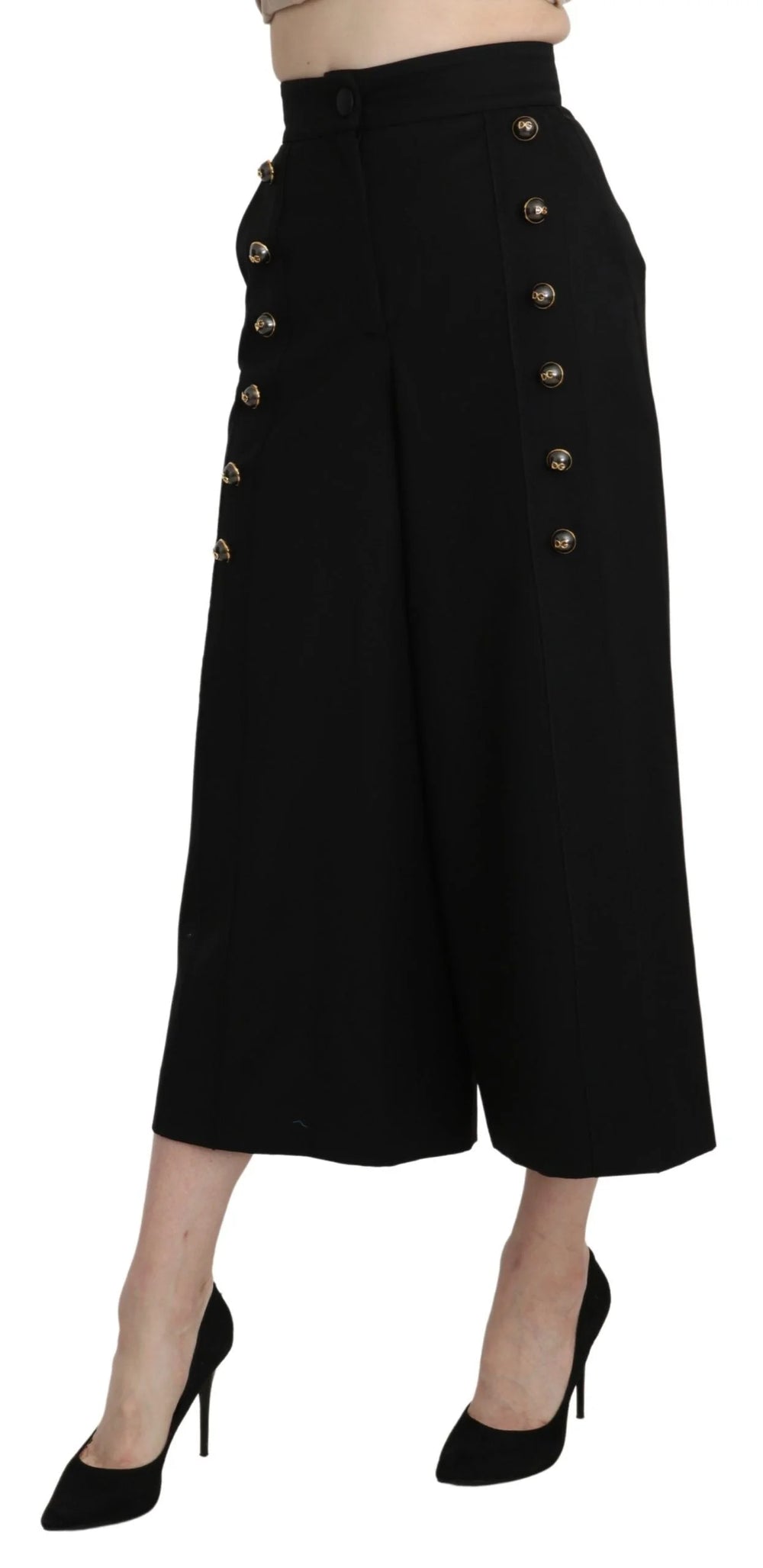Dolce & Gabbana Black Wide Wool Leg Cropped Trouser Pant - IT36 | XS - Trousers