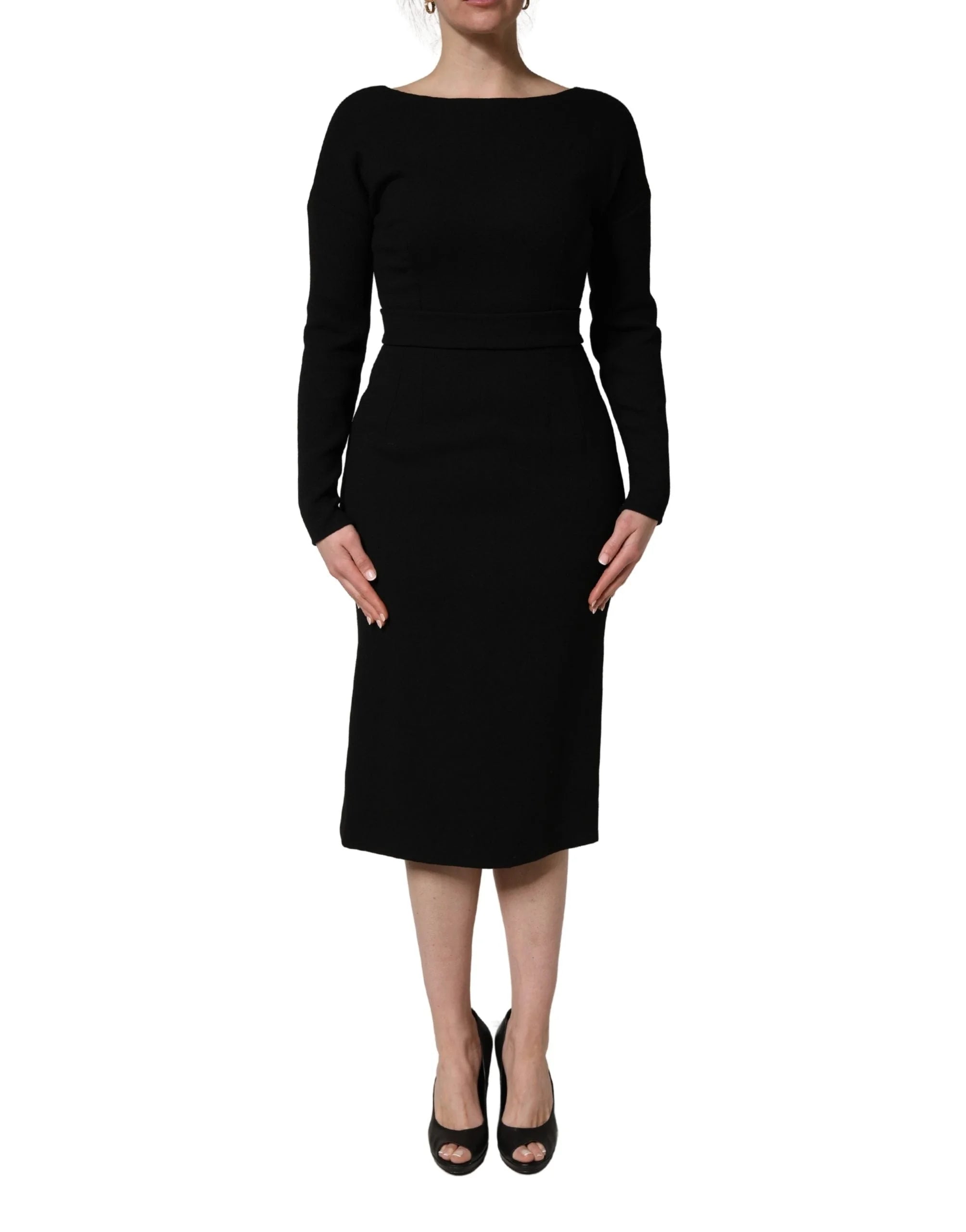 Dolce & Gabbana Black Wool Crepe Long Sleeves Midi Dress - IT44 | L